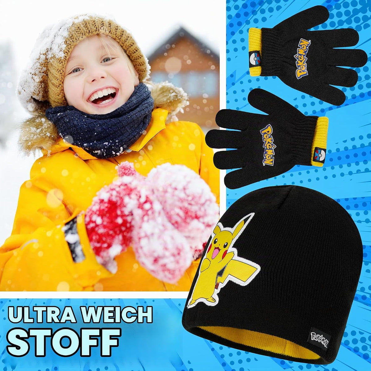 Pokemon Mütze, Schal & Handschuhe Jungen 4-12 Jahre, 3 Stück Warme Kinder Winter Set für kalte Tage, Anime Geschenke für Jungen