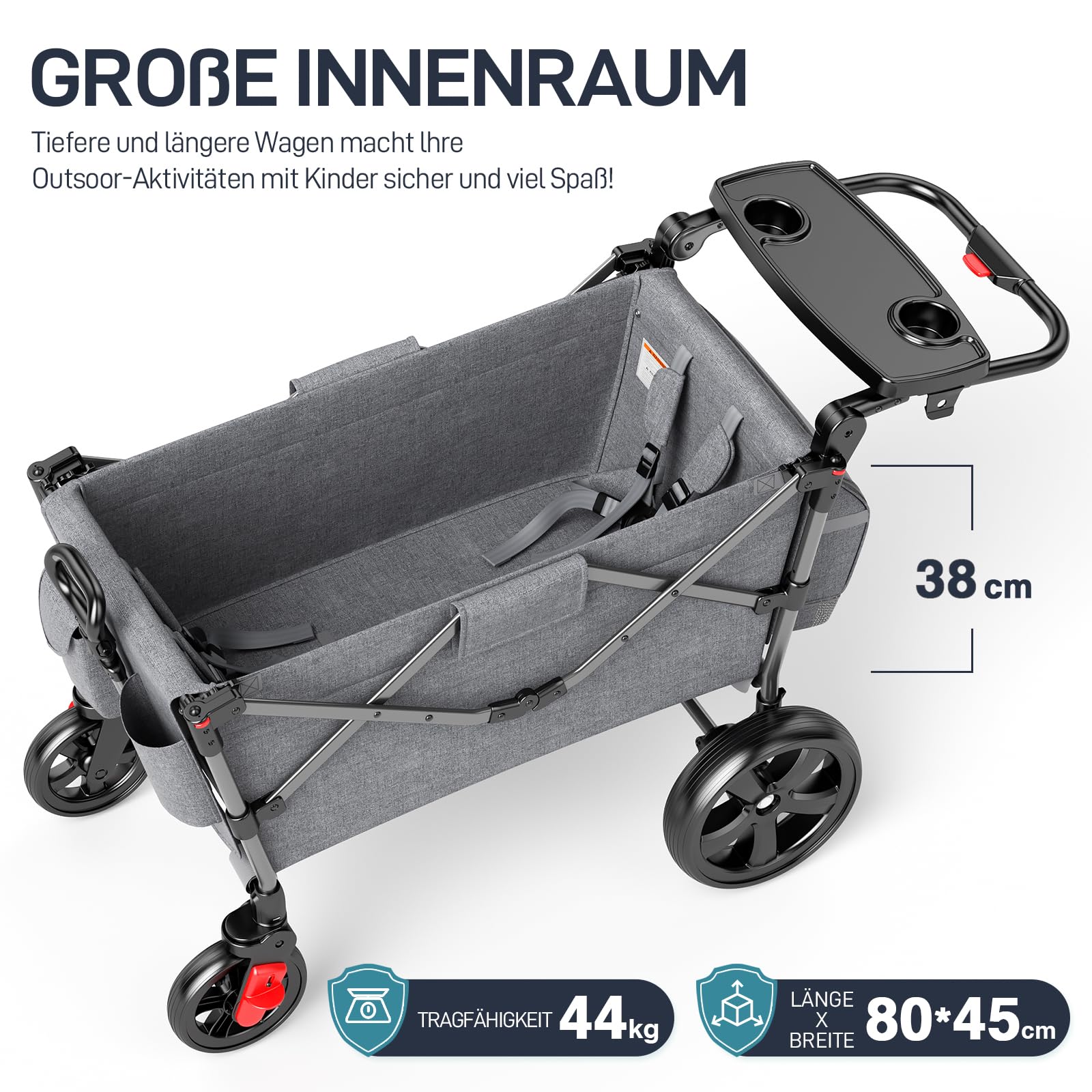 Bollerwagen für 2 Kinder Faltbar mit Dach, Kinderwagen 2x5 Punkt Sicherheitsgurt mit Wickelrucksack, Bollerwagen mit Sitz, Handwagen Transportwagen, Ziehen & Schieben, Fußbremse
