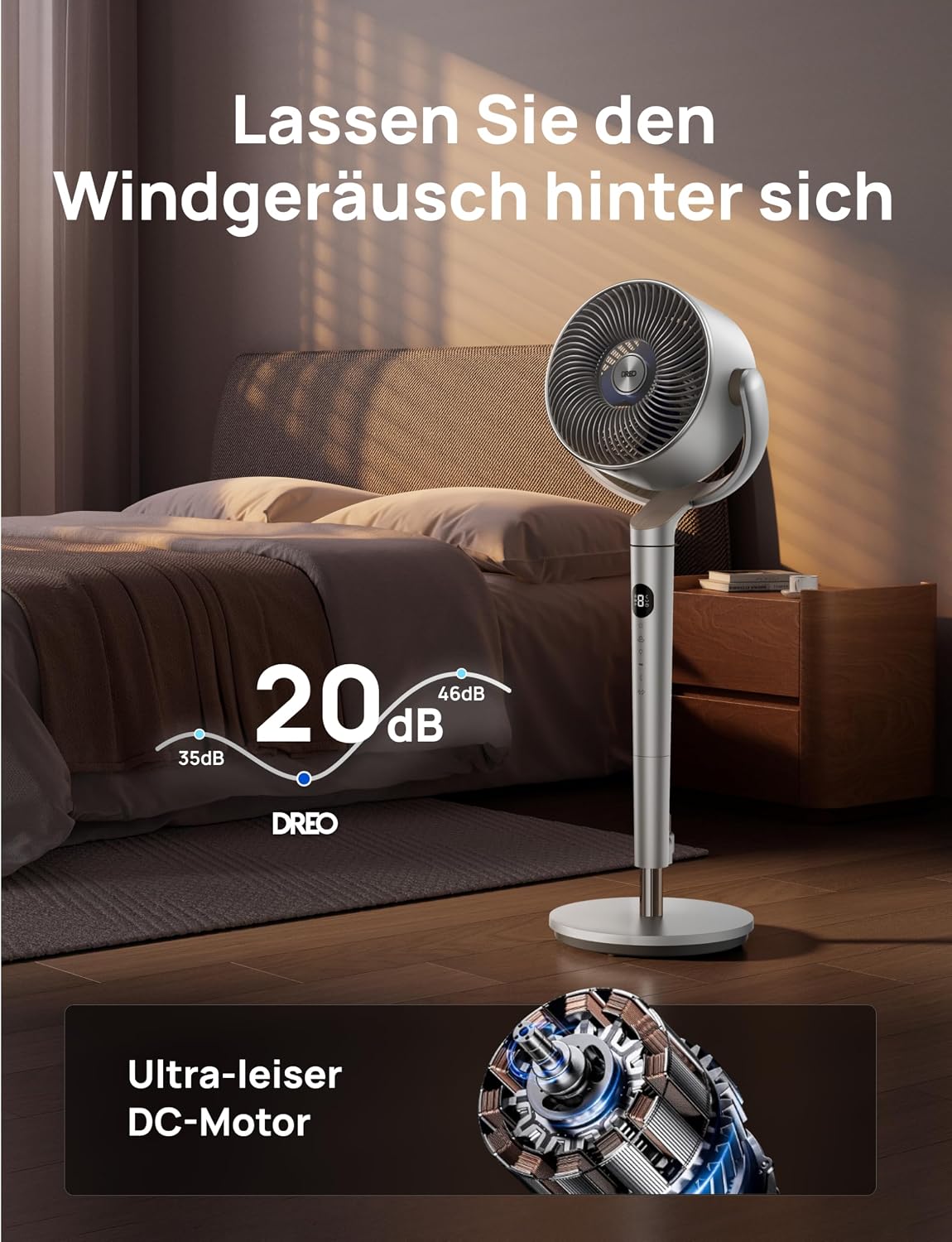 Starker Standventilator Smart mit RGB Light, 120° +120° Oszillierender Ventilator mit Fernbedienung, 20dB Leiser Bodenventilator / Turmventilator für Schlafzimmer, 8H Timer, Silber