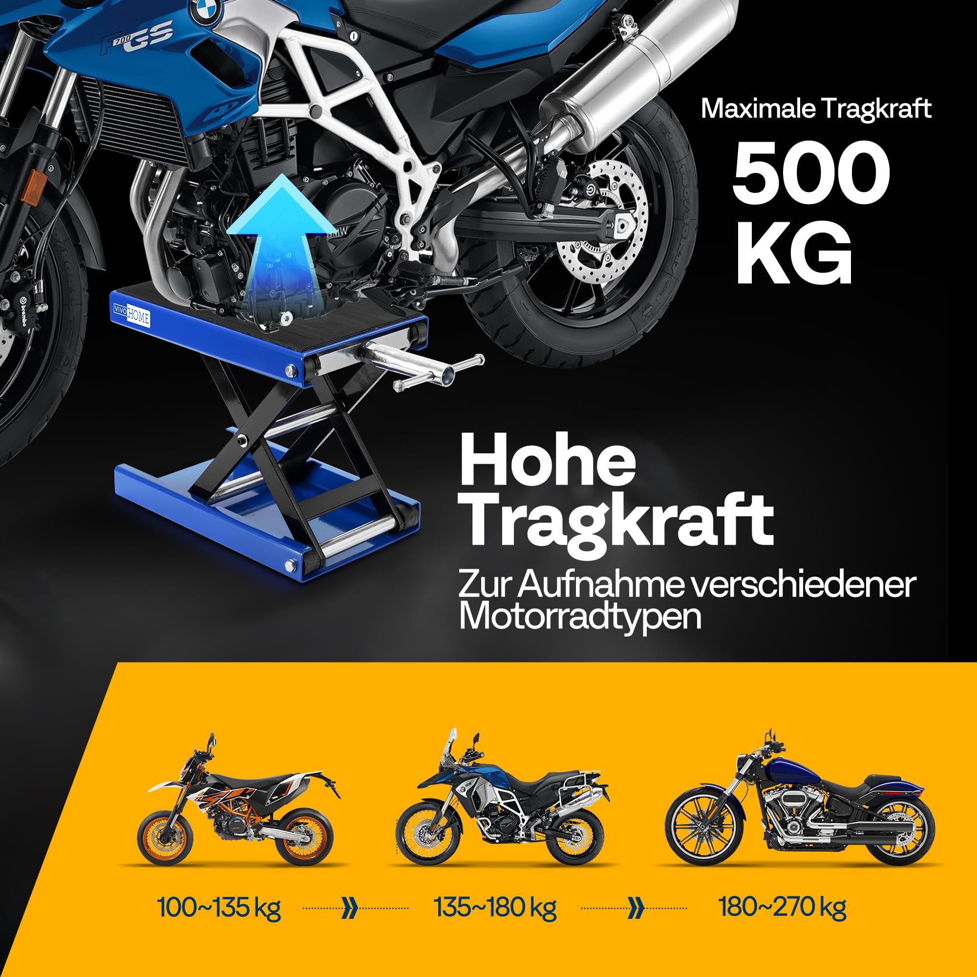 Motorrad Lift 500 kg Stahl-Schereheber mit breitem Deck und Kurbel für Motorräder Off-Road-Fahrzeuge Schmutzfahrräder