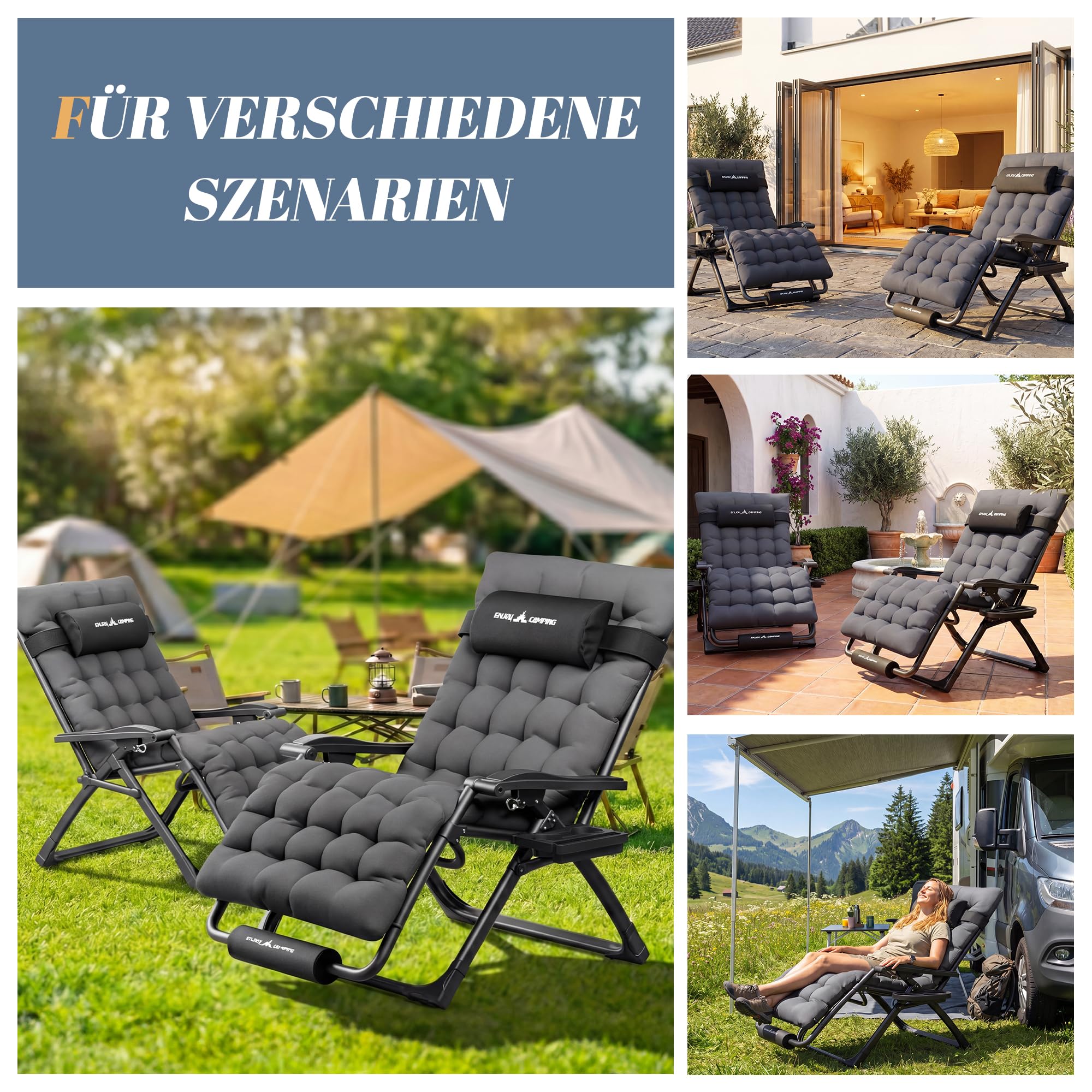 Sonnenliege Liegestuhl Klappbar Mit Getränkehalter Gartenstuhl Mit Auflage Polster, Liegestuhl, Extra groß Gartenliege, Verstellbar Rückenlehne Garten Liege