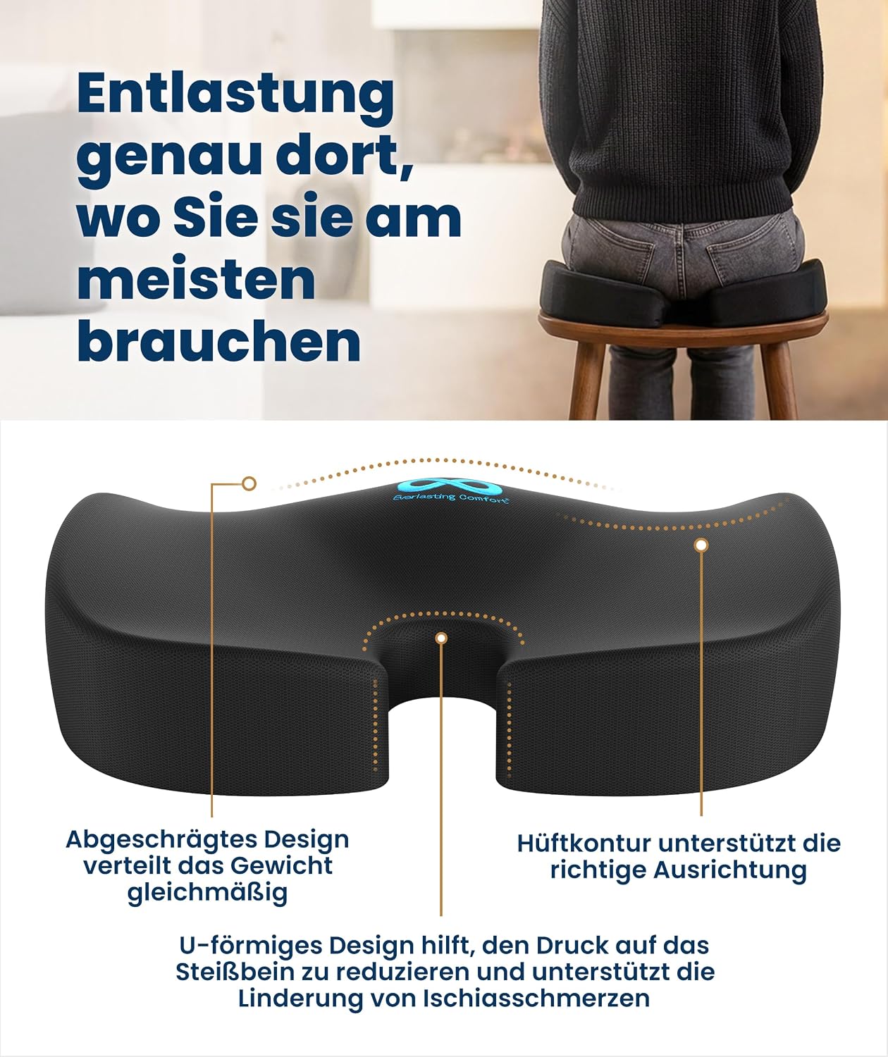 Sitzkissen für Bürostuhl, Auto & Zuhause – Komfortkissen mit waschbarem Bezug, Rutschfester Unterseite und konturierter Form