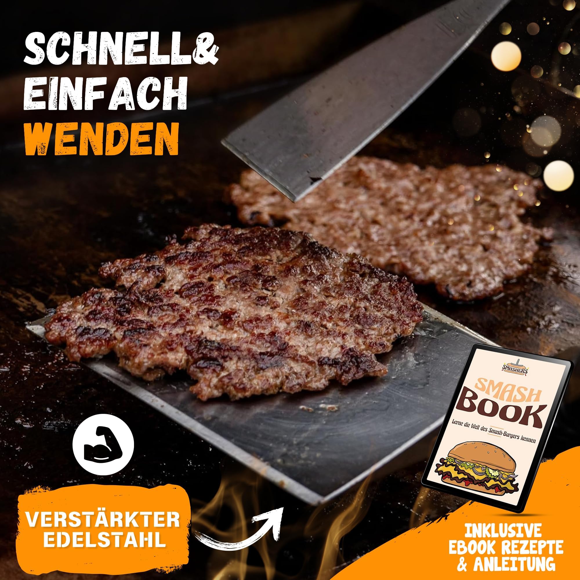 Smash Burger Set – Burger Smasher Set mit Burgerpresse, Grillspachtel, Pfannenwender & Burgerglocke - Inkl. E-Book mit Smash Burger Rezepten & Burgerpapier (6-TLG.)