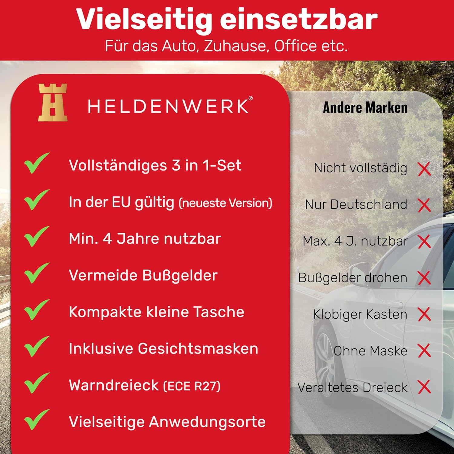 KFZ Kombitasche (3 in 1) nach aktueller Norm 2026 - Inkl. Warndreieck, Warnweste - Verbandskasten Warndreieck Set Verbandskasten Auto DIN 13164:2022