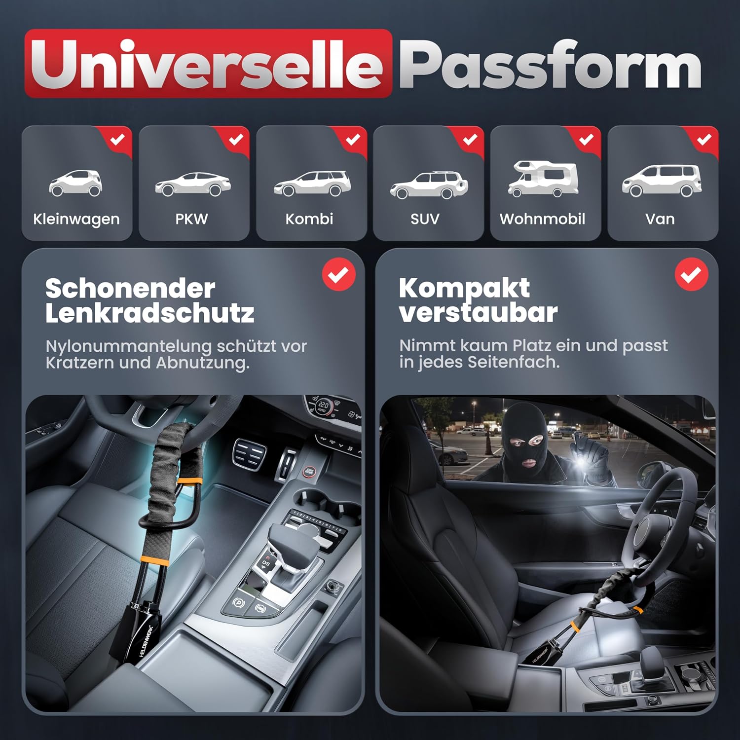 Lenkradkralle fรผr Auto & Wohnmobil aus Metall - Universelle Passform - Lenkradschloss mit dickem Stahlseil - Wegfahrsperre Diebstahlsicherung mit 3 Sicherheitsschlรผsseln