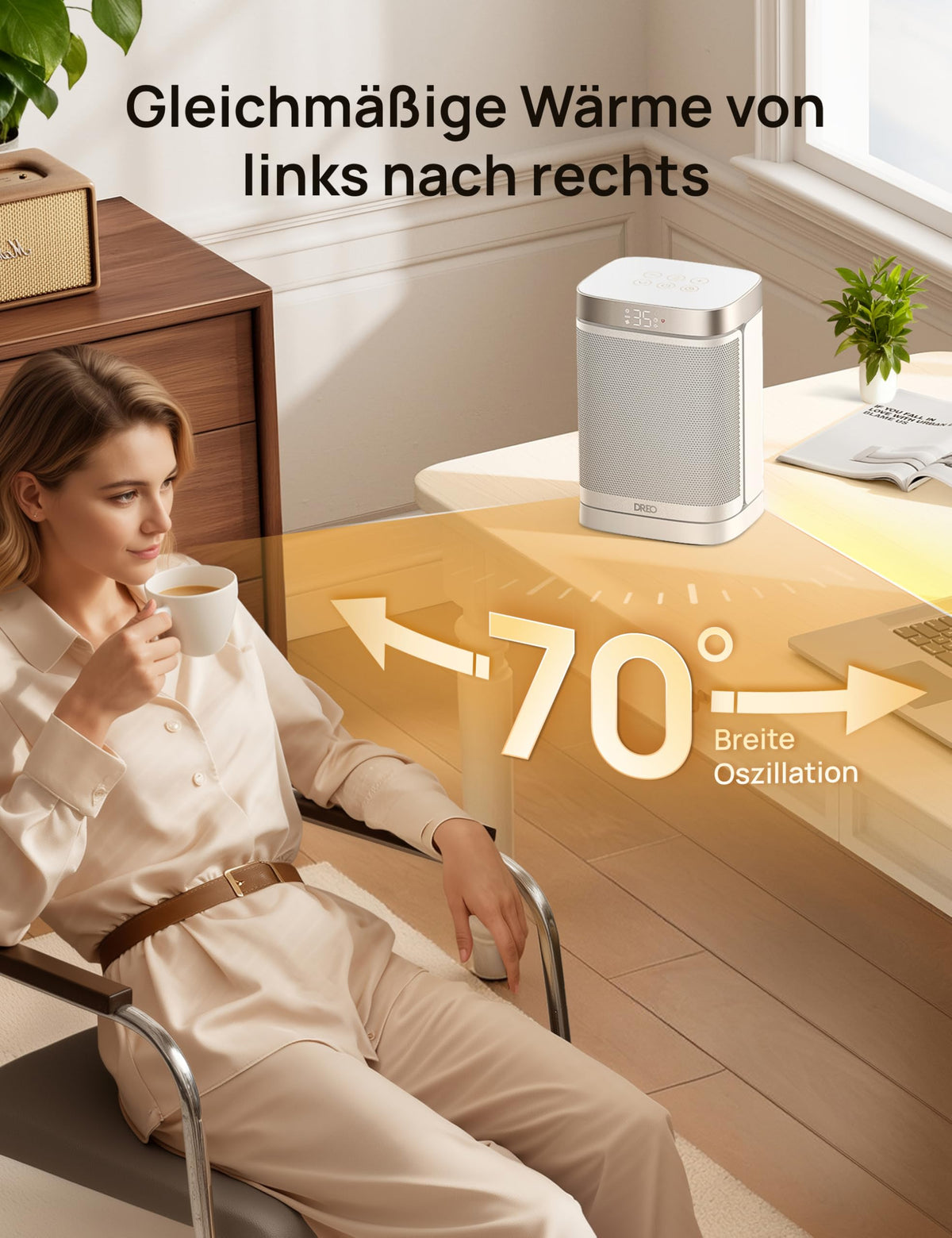 Heizlüfter Energiesparend Klein, 1500W Heizung Elektrisch mit Thermostat, 70° Oszillierend Elektroheizung, PTC Keramik Heizlüfter Leise, ECO-Modus, 12-Std-Timer, Überhitzungs- & Kippschutz