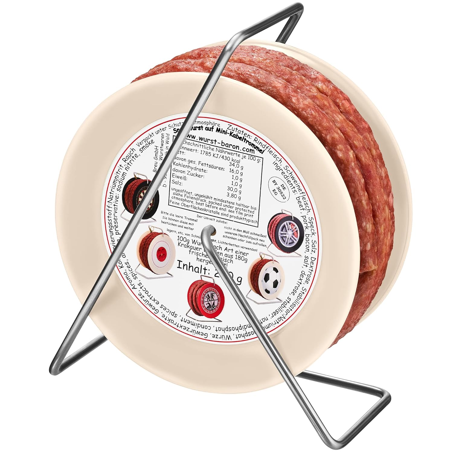 Wurst Kabel Trommel 3,5 m Krakauer Wurst, Hochwertiges und rauchiges Aroma, Lustiges Geschenk für Ihn und Sie, 240 g
