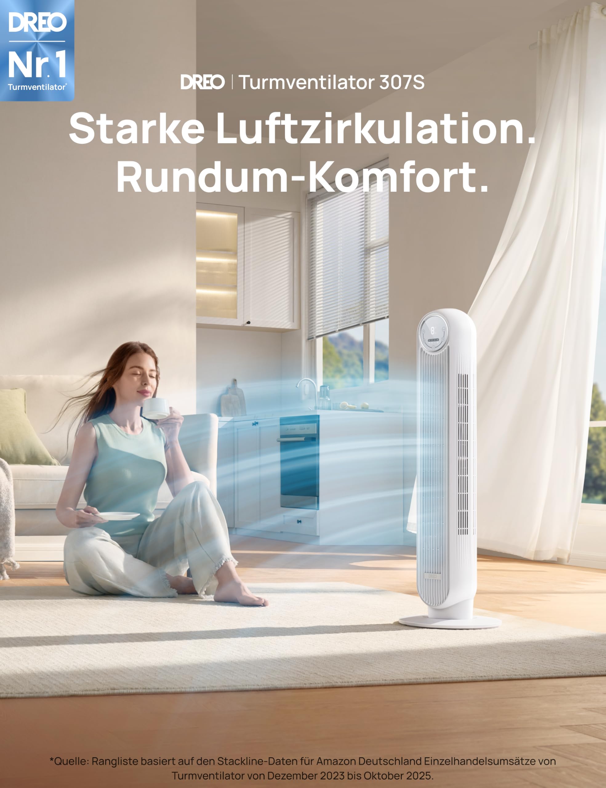 Leiser Turmventilator, 10 m Wurfweite 8 Geschwindigstufen 4 Modi 8 Std. Timer 90° oszillierende Ventilator mit Kühlung Fernbedienung für Schlafzimmer,Turmventilator 307, Schwarz