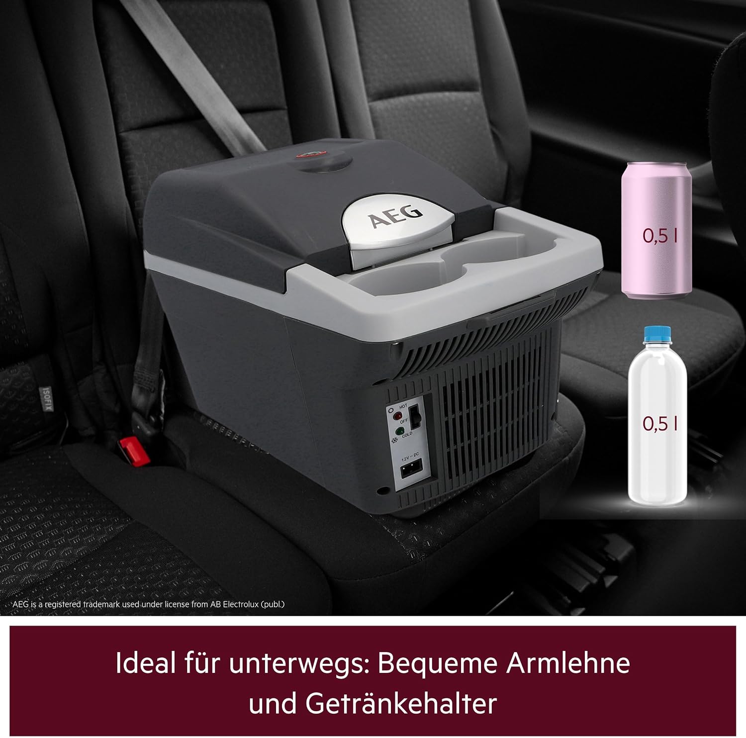 AEG Automotive Board-Bar BK 6 Thermoelektrische Kühl- und Warmhaltebox 6 Liter, 12 Volt für Auto und Steckdose, anschnallbar im PKW