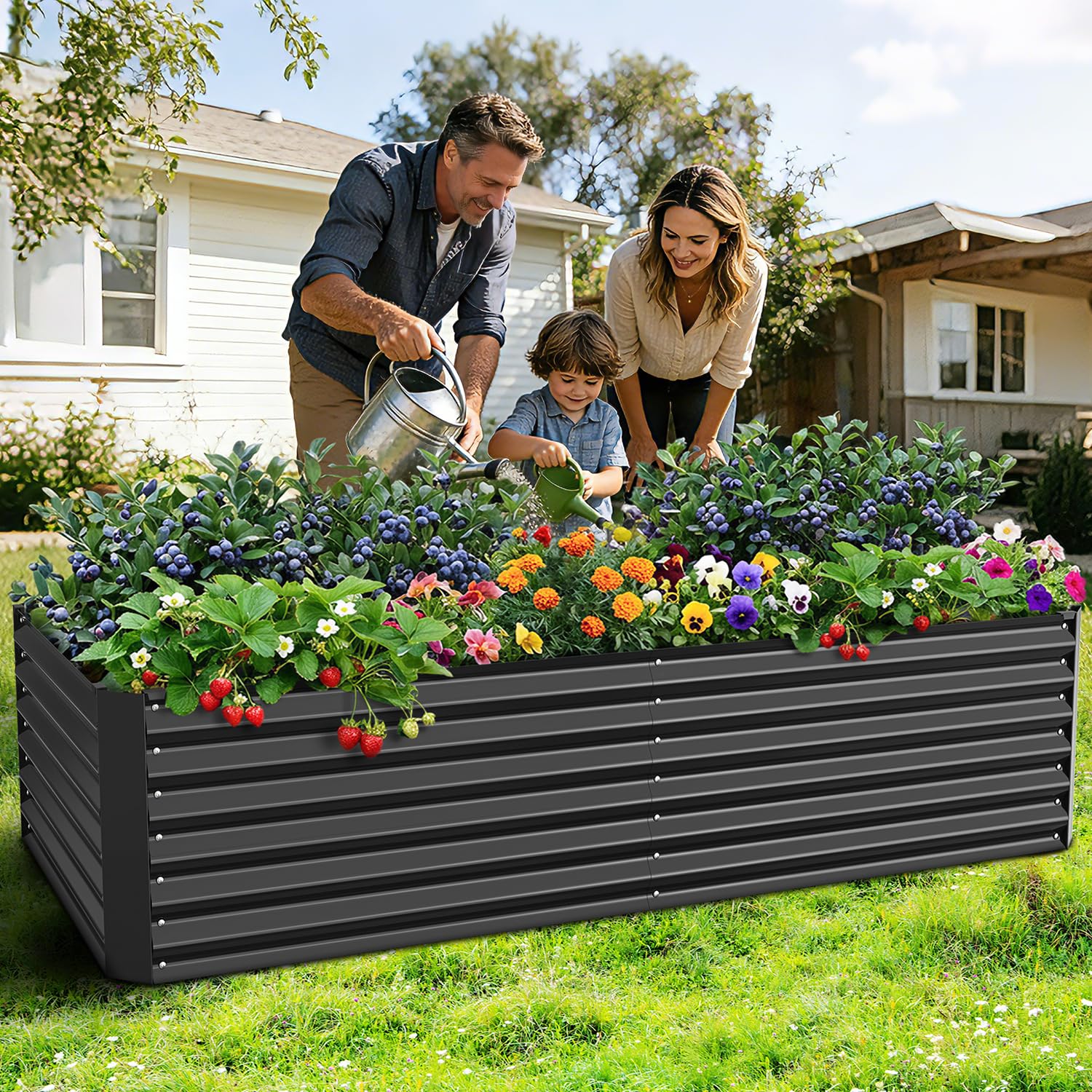Hochbeet Metall Pflanzenbeet 180x90x60cm, Wetterfestes Stahlblech Hochbeete für Gemüse Erhöhte Extragroße, Gemüsebeet Pflanzkasten Frühbeet Gartenbeet Pflanzkübel Blumenkasten für Garten