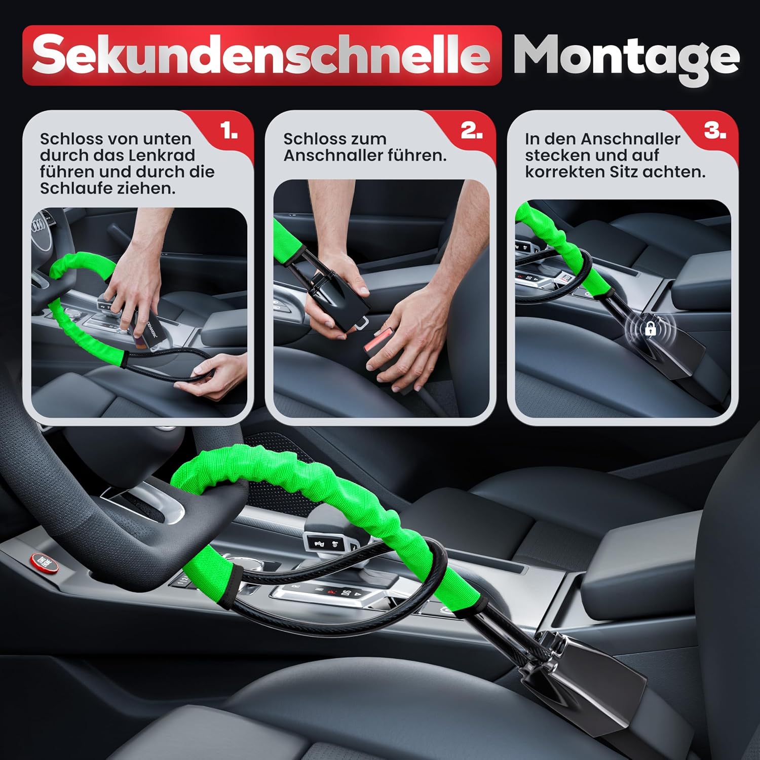 Lenkradkralle fรผr Auto & Wohnmobil aus Metall - Universelle Passform - Lenkradschloss mit dickem Stahlseil - Wegfahrsperre Diebstahlsicherung mit 3 Sicherheitsschlรผsseln