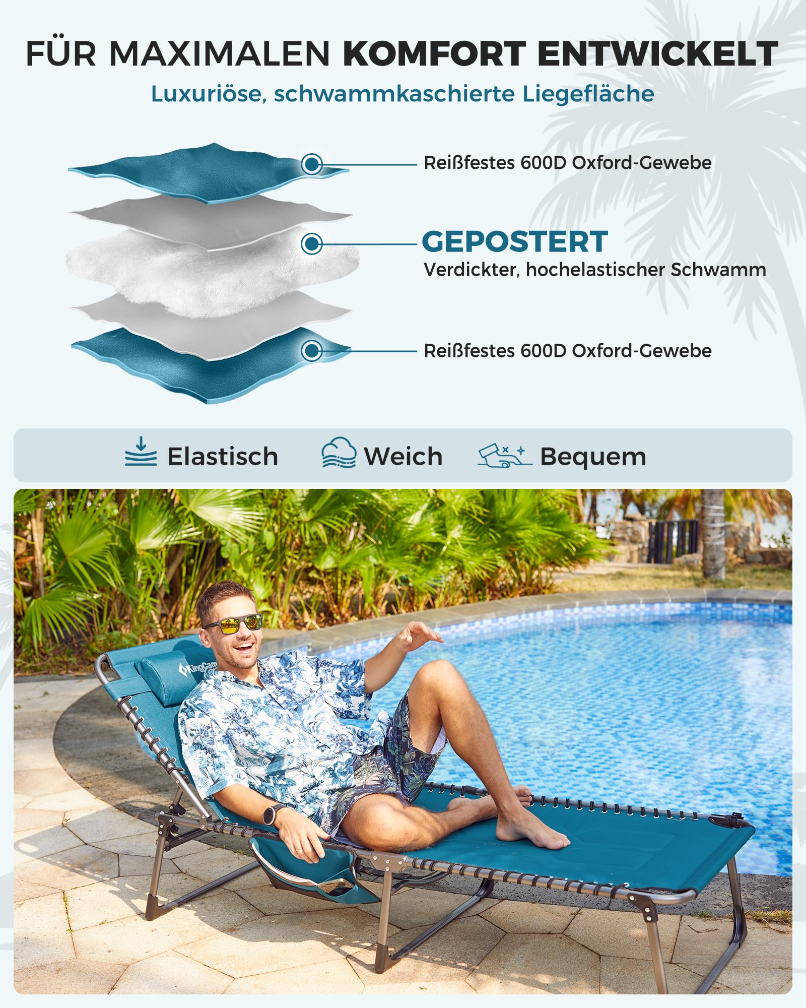 Sonnenliege Klappbar 5-Verstellbare, bis 180 kg, 2er Set, Blau | Gartenliege Klappbar, mit Kopfstütze & Seitentasche, Sonnenliege Wetterfest, Strandliege für Garten Terrasse Pool Camping