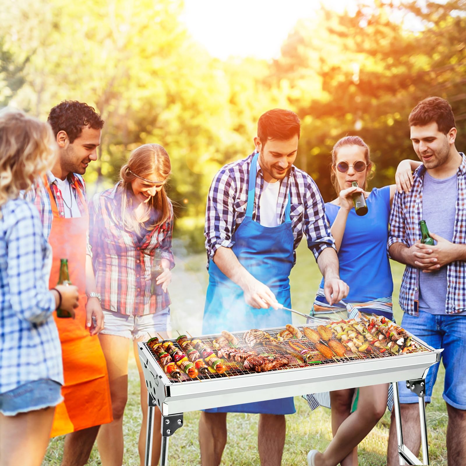 Holzkohlegrill Picknickgrill Edelstahl Kleiner Grill Portabler Campinggrill Abnehmbare BBQ Grills für Outdoor Garten Party