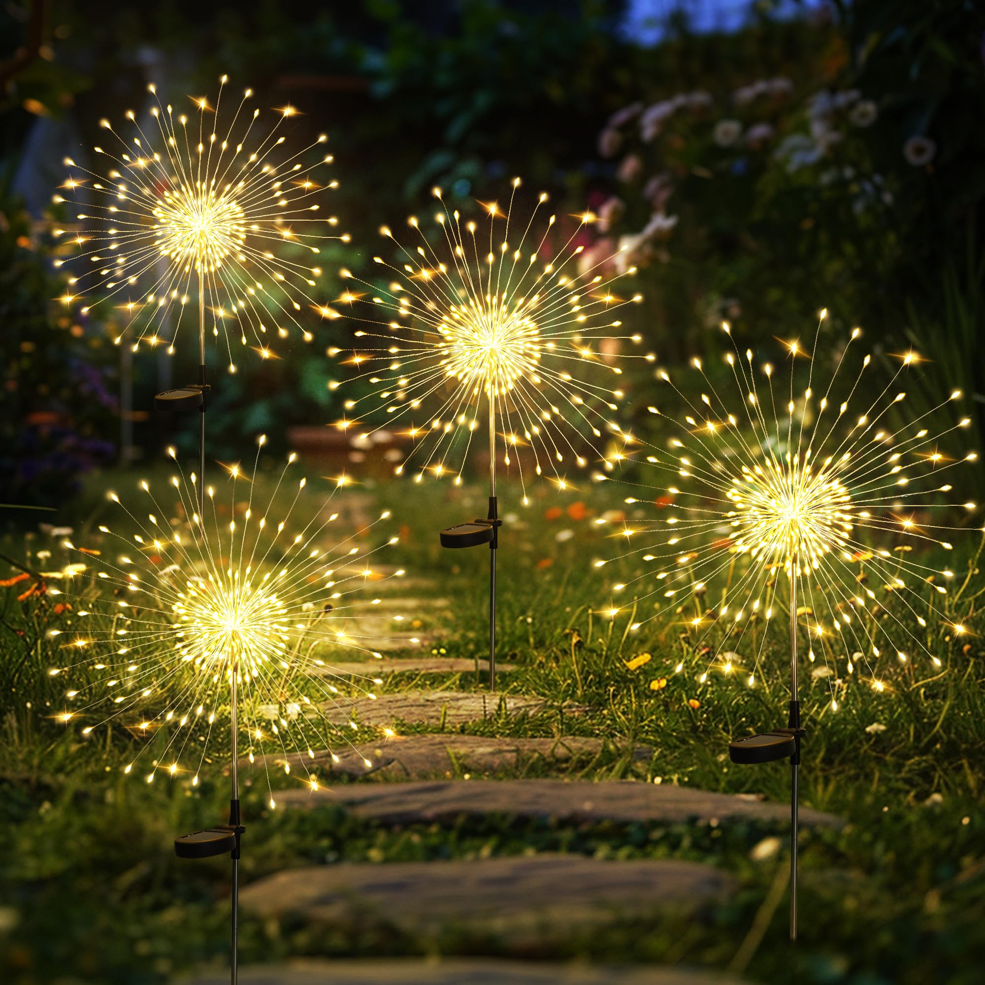 Gartendeko Solarleuchten für Außen,4 Stück 120 LED Feuerwerk Solarleuchten, Wetterfest Pusteblume Solarlampen für Balkon Terrasse Blumenkästen Hof Deko