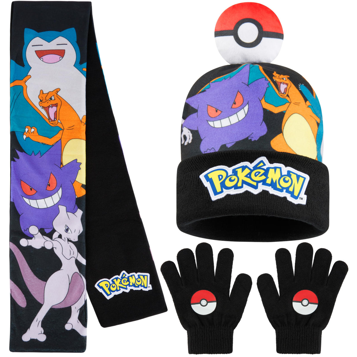 Pokemon Mütze, Schal & Handschuhe Jungen 4-12 Jahre, 3 Stück Warme Kinder Winter Set für kalte Tage, Anime Geschenke für Jungen