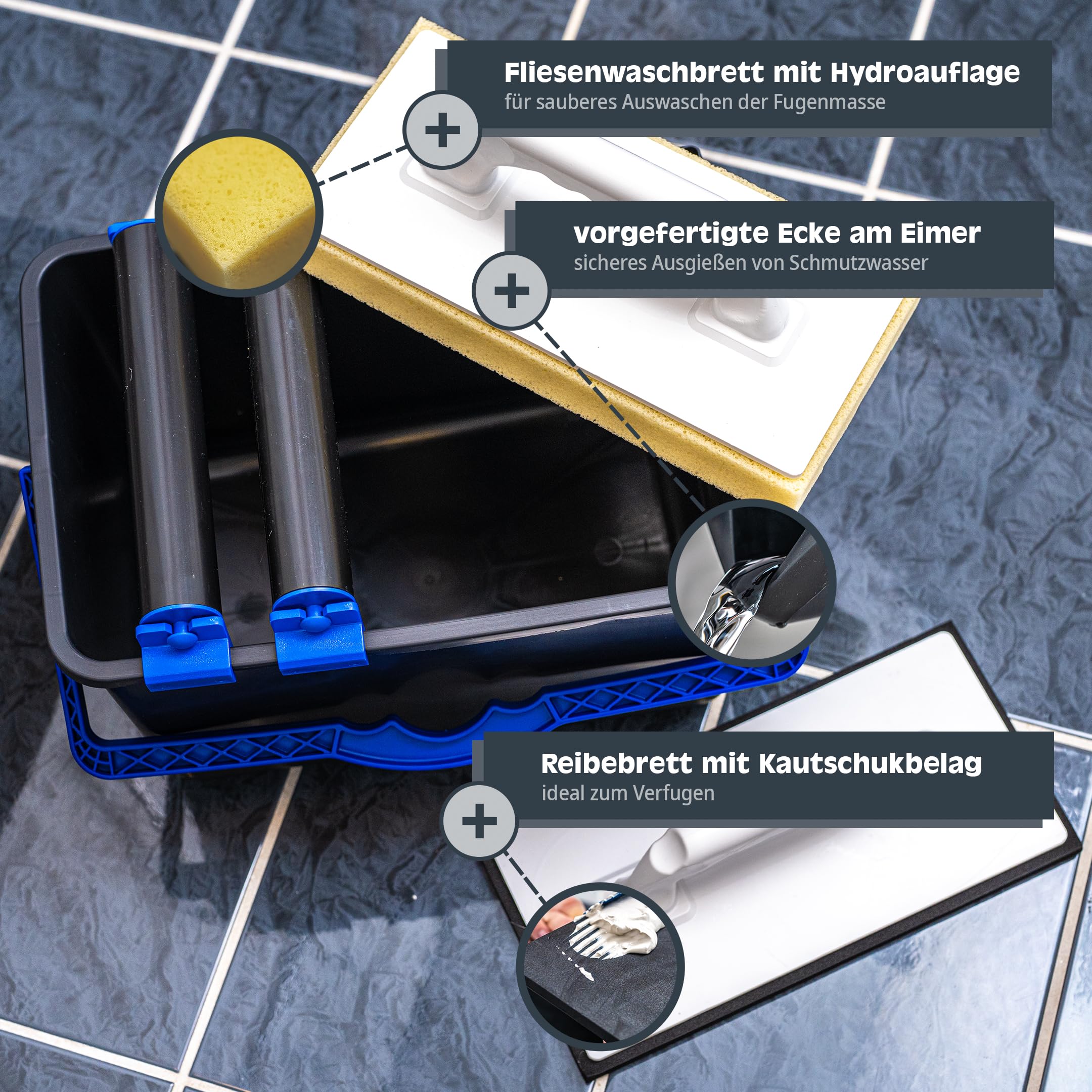 Tile washing set, 5-piece: 12-liter plastic bucket, double roller attachment, tile washing board and grouting board. Made in Germany.