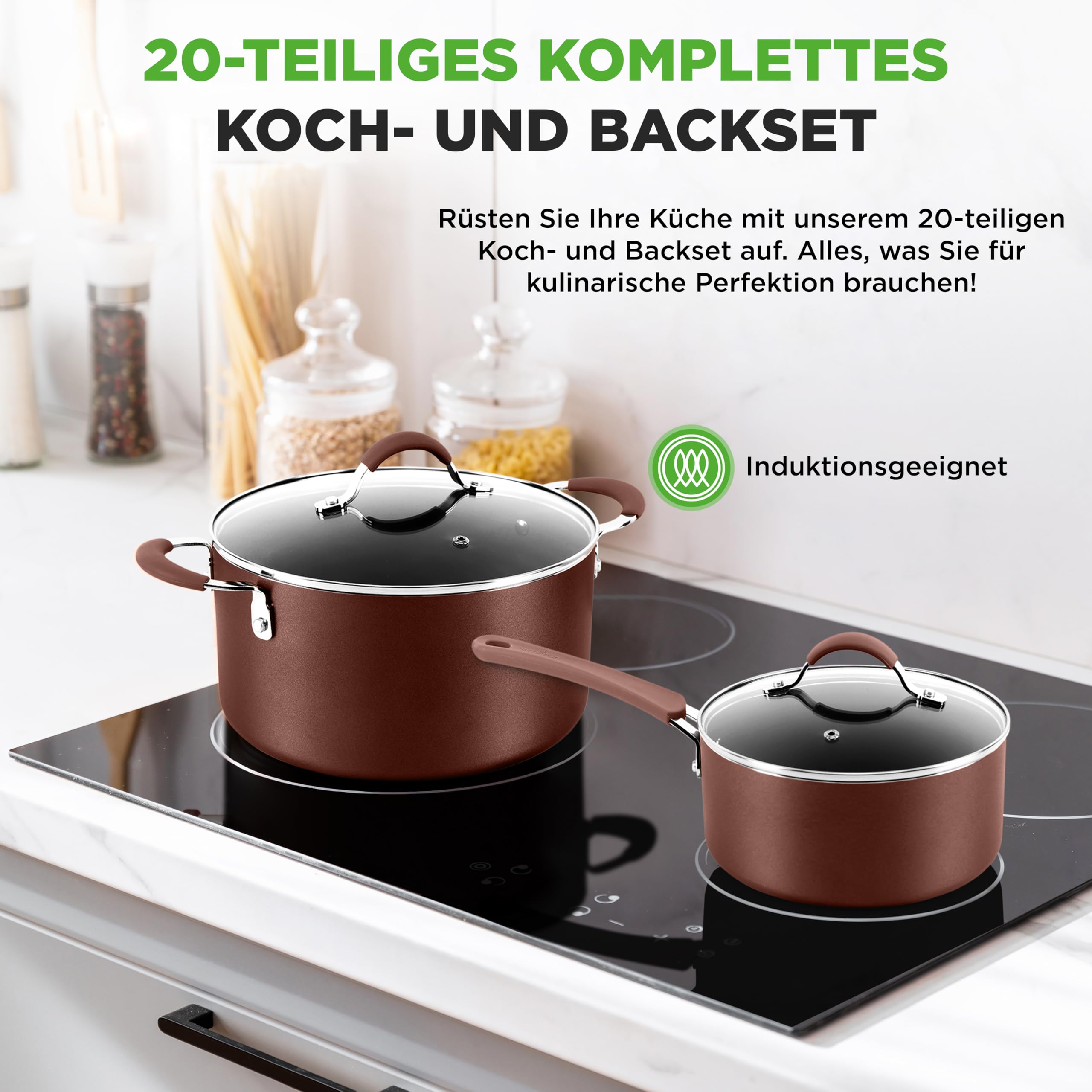20-teiliges Non-Stick-Saucepan, Pfannen- und Backformset - Kochset PFOA/PFOS frei für Gas, Strom, Keramik und Induktion - Enthält Pfannen, Töpfe, Backdosen, Laibdose, Muffinform