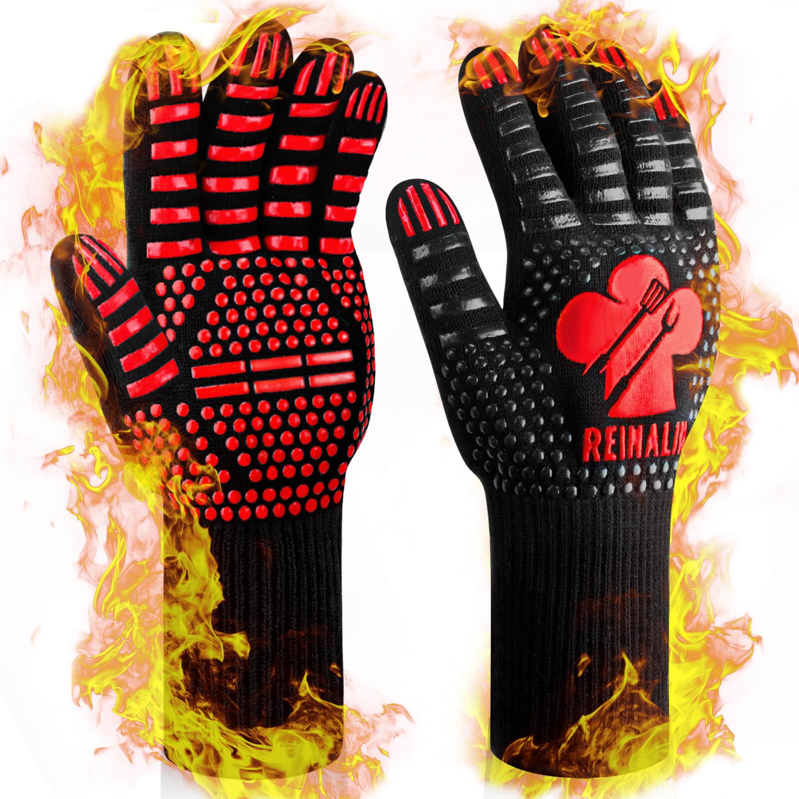 Reinalin Grillhandschuhe Hitzebeständig bis 800°C, Ofenhandschuhe Topfhandschuhe Feuerfeste Handschuhe BBQ Handschuhe Kochhandschuhe Backhandschuhe Backofenhandschuhe (L/XL/XXL, Schwarz)