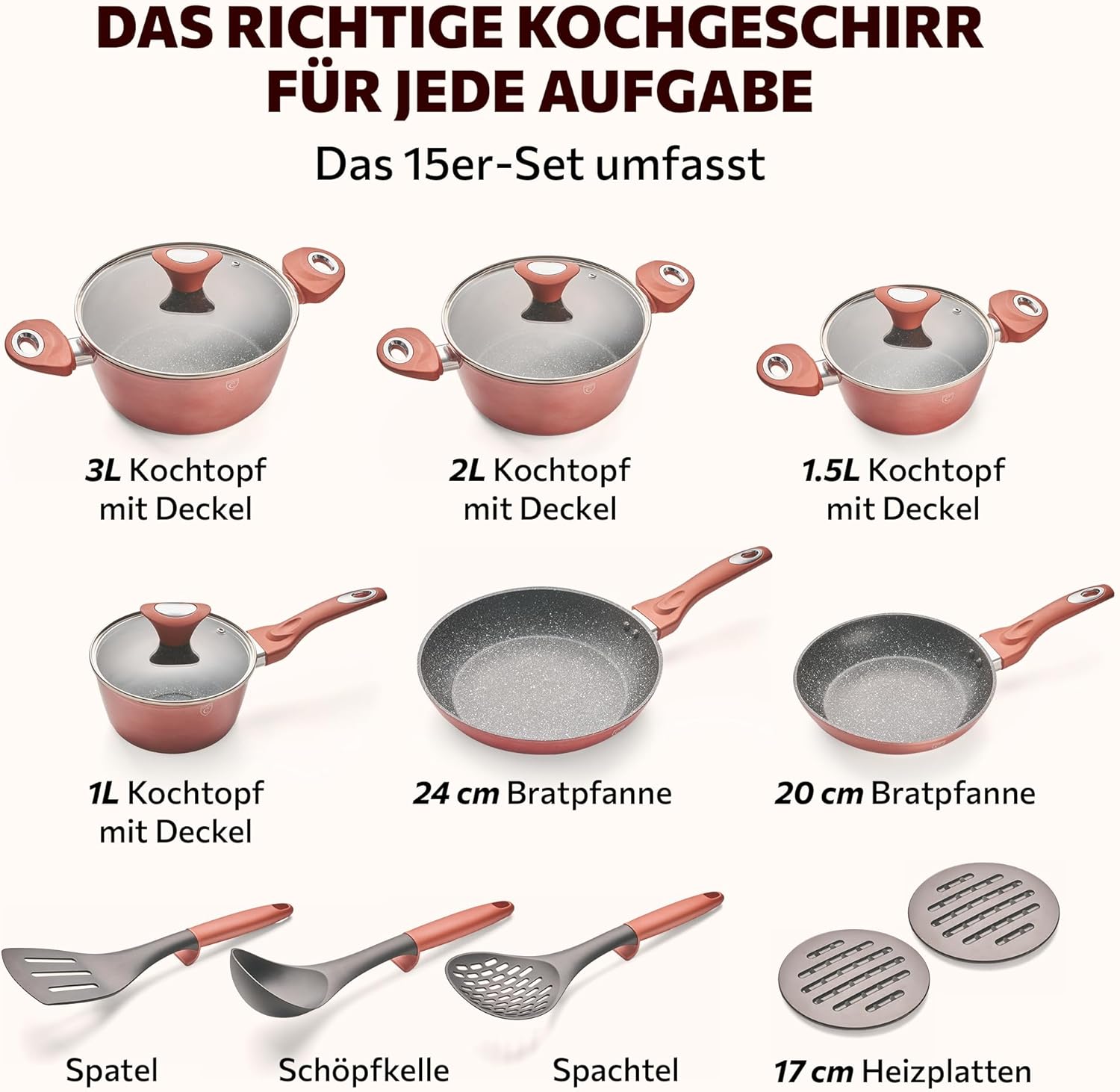 Topfset 15-teilig mit Antihaftbeschichtung - Kochtopf Set mit Deckel - Induktions Töpfe Set - Töpfe & Pfannen Set für Alle Herdarten - Kochgeschirr für Gasherd & Ceranfeld