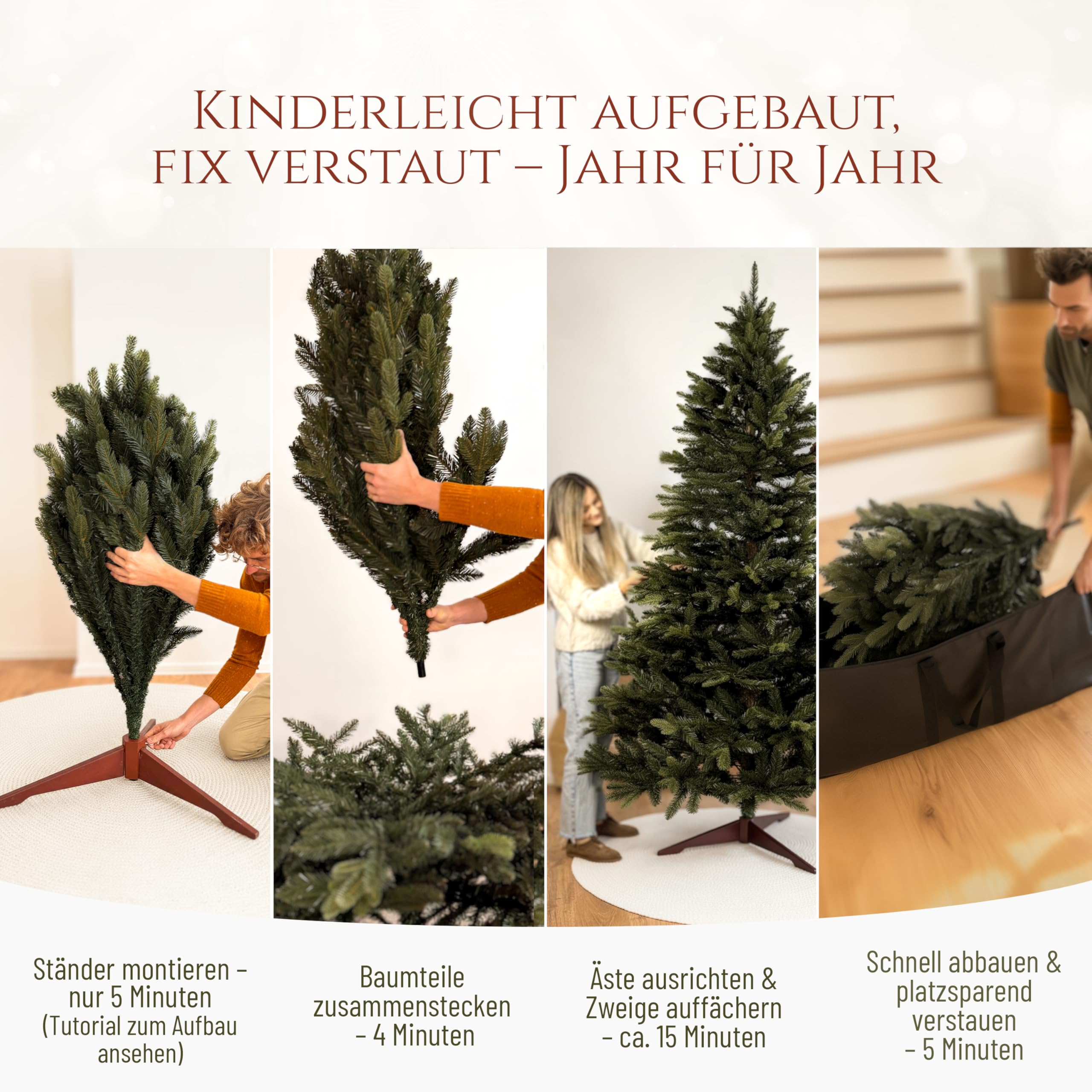 Künstlicher Weihnachtsbaum - Lebensähnlich, besonders dichte Äste, einfache Montage, Made in EU - Premium-Weihnachtsbaum mit Holzständer, Aufbewahrungstasche - Eleganter Nordmann Tannenbaum / Varianten Auswahl - Restposten Neu & OVP!