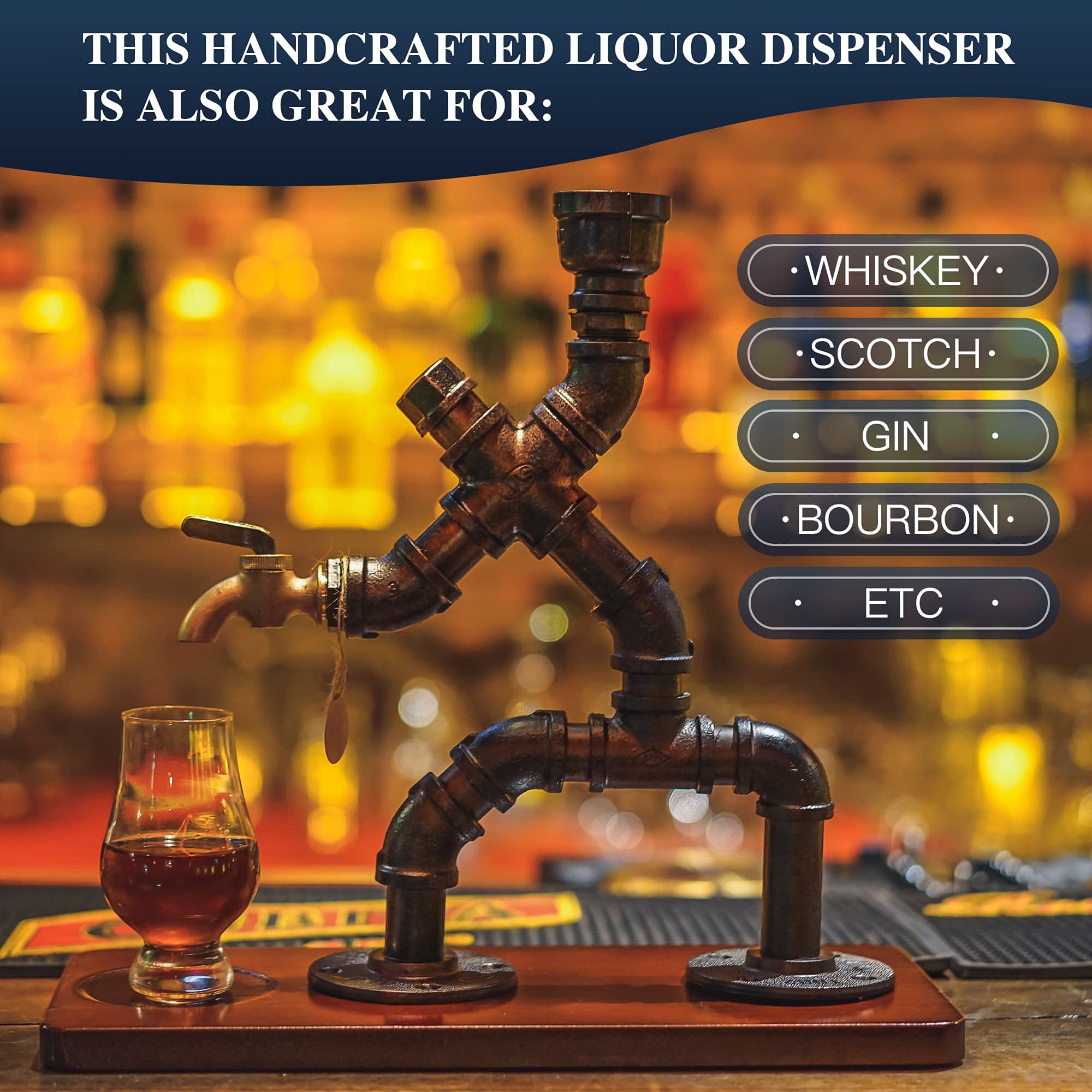 Whiskyspender Silber mit flambiertem Holz – Steampunk Getränkespender aus Metall mit Silikonschlauch – Geschenkidee für Männer & Bar Deko