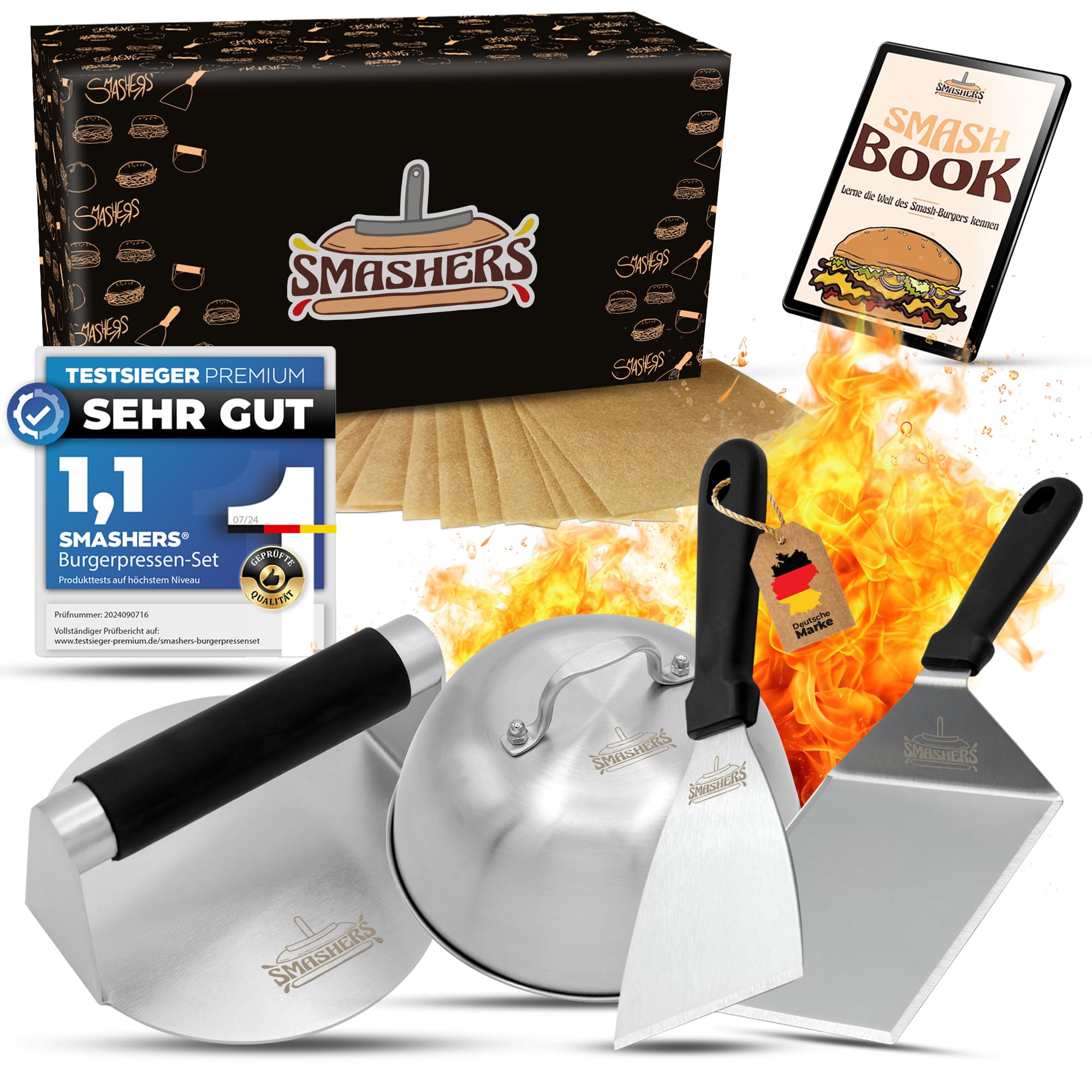 Smash Burger Set – Burger Smasher Set mit Burgerpresse, Grillspachtel, Pfannenwender & Burgerglocke - Inkl. E-Book mit Smash Burger Rezepten & Burgerpapier (6-TLG.)