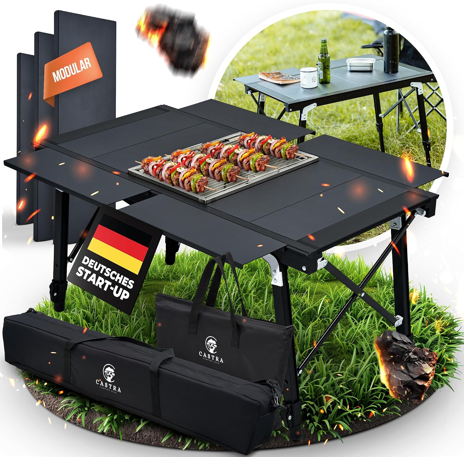 Campingtisch mit integriertem Grill – Aluminium 7075, höhenverstellbar, Outdoor wetterfest, innovatives Faltsystem, Multifunktionstisch & Camping Zubehör für Garten, Reisen & Angeln