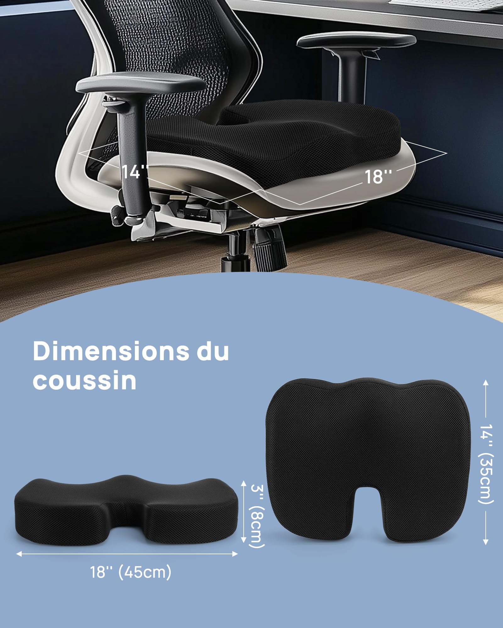 Sitzkissen, Orthopädisches Sitzkissen aus Memory Foam, Ergonomisches Sitzkissen für Bürostuhl /Autositz / Steissbeinkissen Stuhlkissen Sitzkissen Outdoor Zuhause, Schwarz