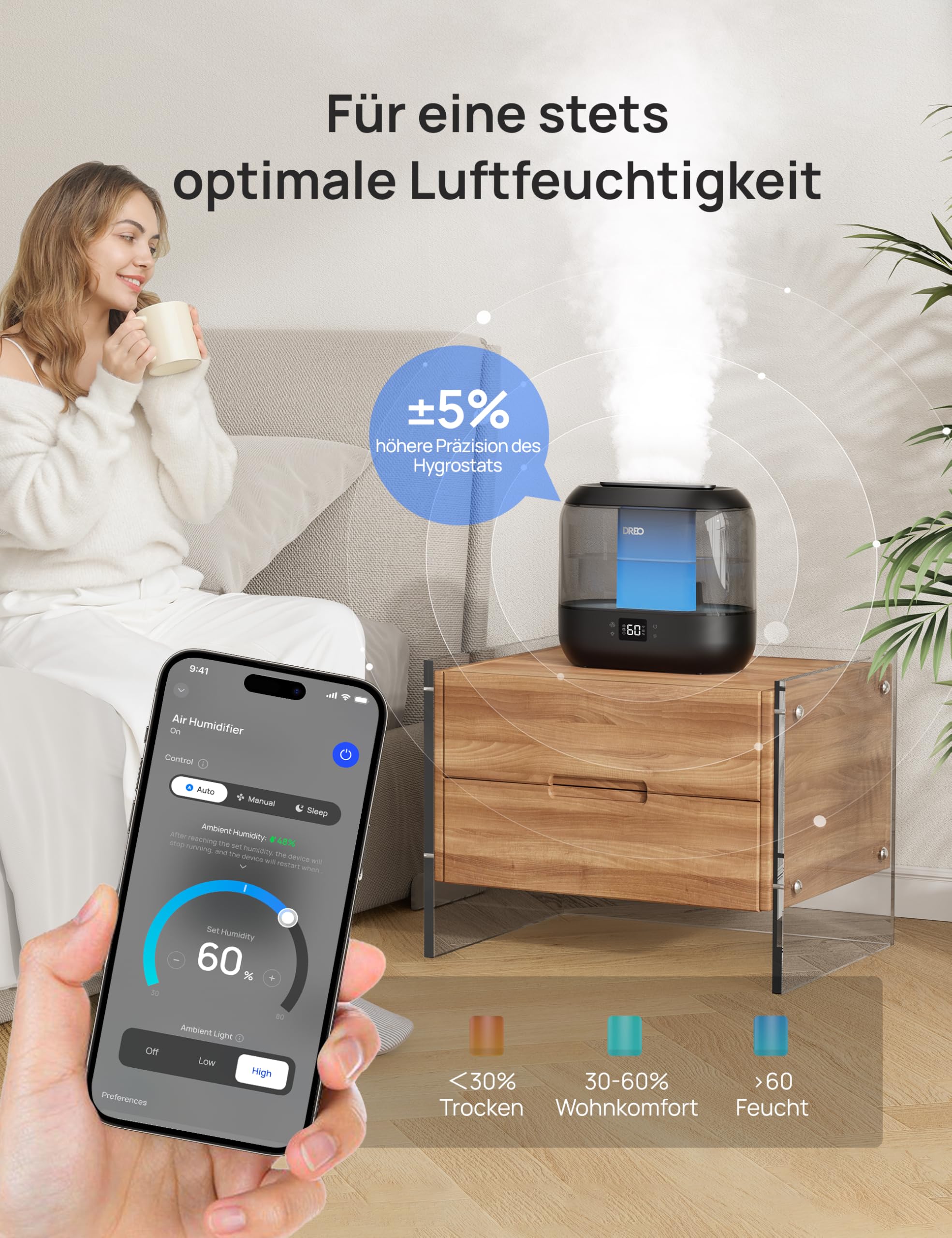Smart Luftbefeuchter für Schlafzimmer, oben befüllbarer 4L Supergroßer Kühler Nebel Humidifier mit Öl Diffusor und Nachtlicht, 36 Stunden Laufzeit, leiser Ultraschall Luftbefeuchter Zuhause