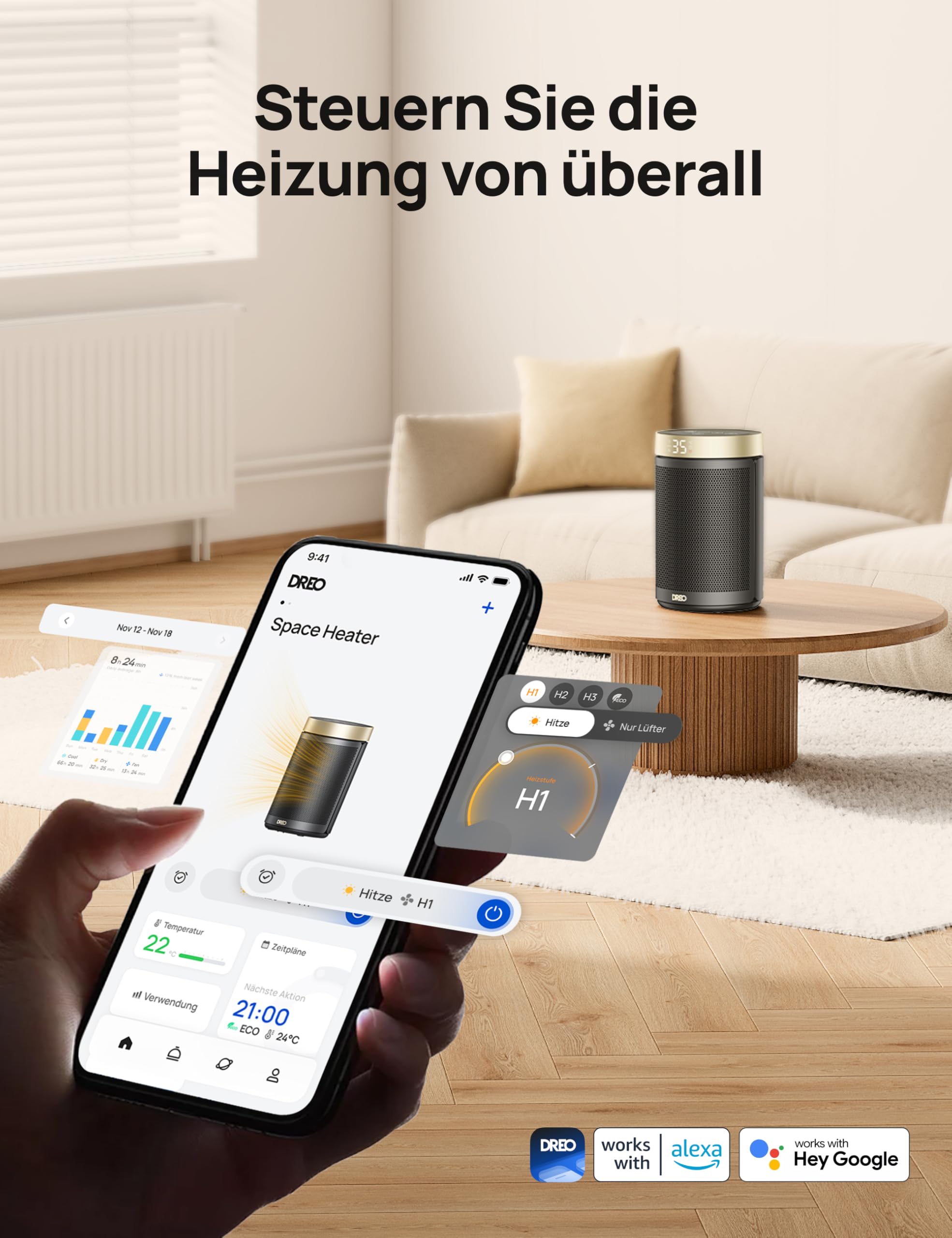 Energiesparender Heizlüfter, 34 dB Leiser 1500W Elektrischer PTC Keramik, Thermostat, Überhitzungs- & Kippschutz, 12 Std. Timer, Elektroheizung für Räume Schlafzimmer, Heater 316, Gold