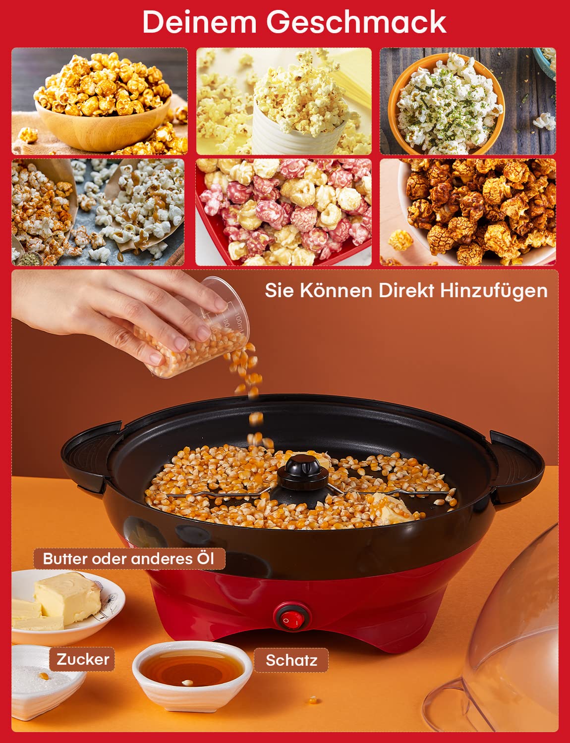 Popcornmaschine,5.5L Popcorn Maker für Zuhause,Popcorn Machine mit Zucker, Butter, Antihaftbeschichtung und Abnehmbares Heizfläche, Stille und Schnelle, Großer Deckel als Servierschale (RED)