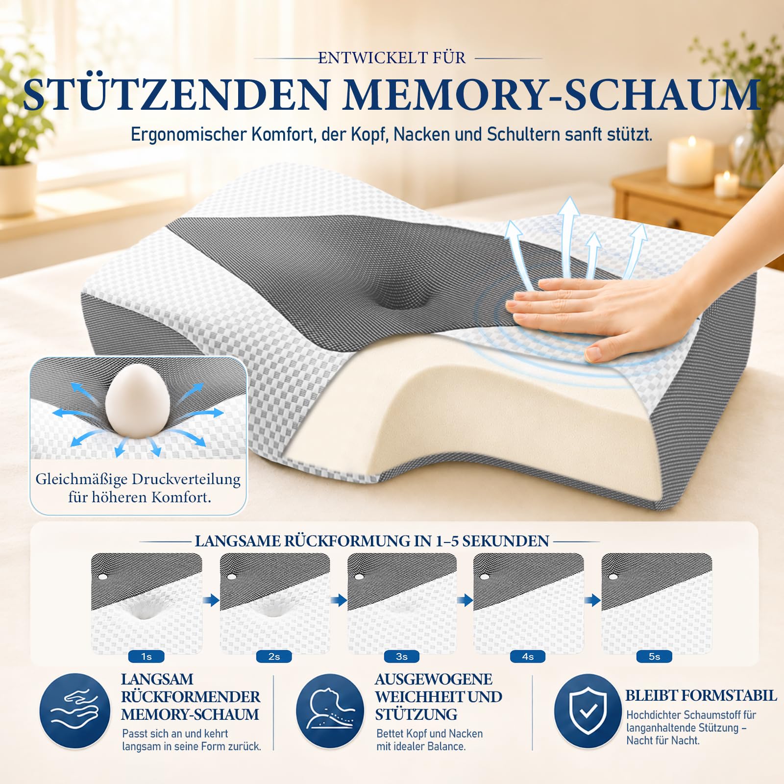 Nackenstützkissen gegen Nackenschmerzen, orthopädisches Kopfkissen, ergonomisches Memory Foam Nackenkissen mit 2 Höhen, Hohlraum & kühlendem Bezug, für Seiten- und Rückenschläfer