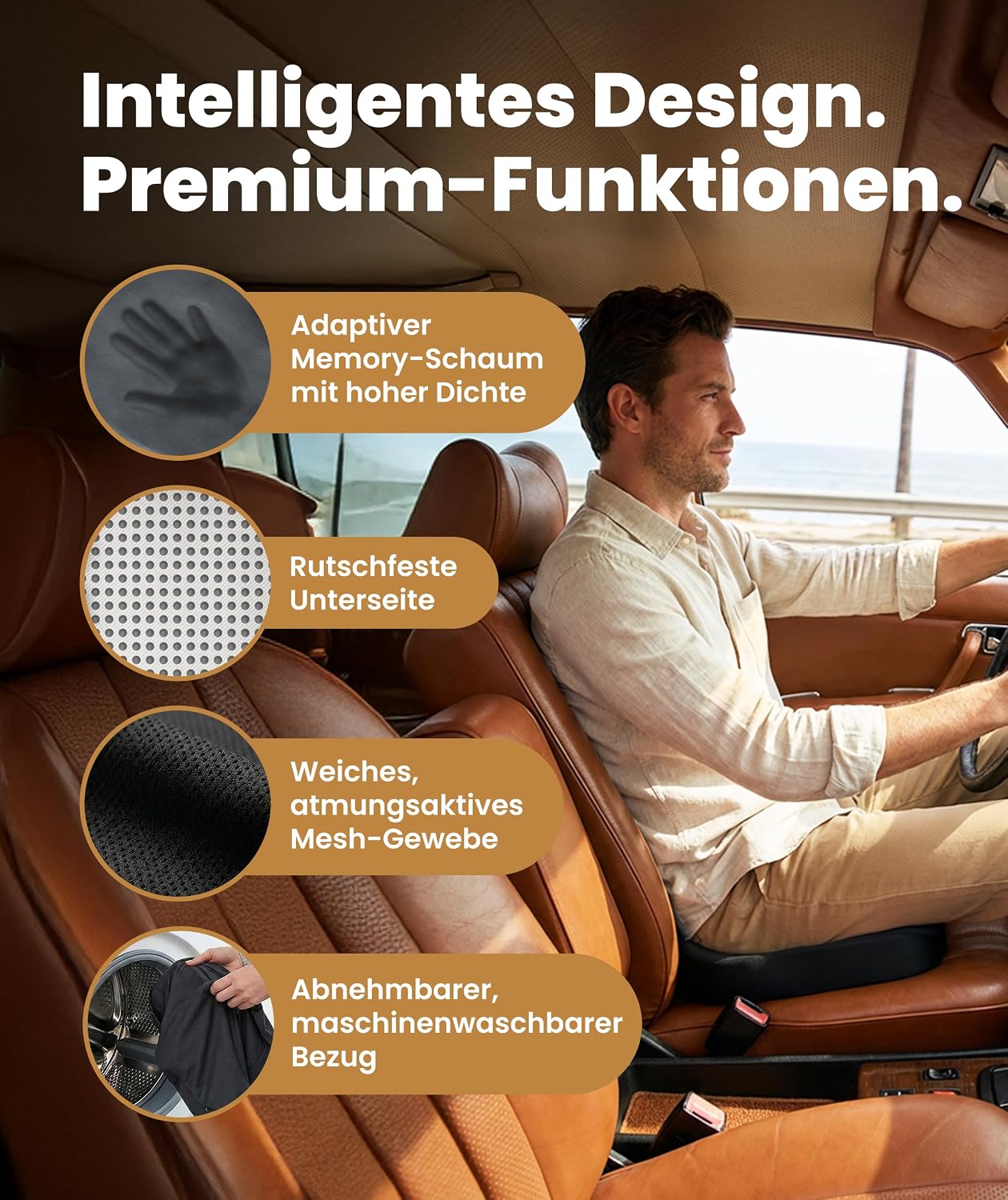 Sitzkissen für Bürostuhl, Auto & Zuhause – Komfortkissen mit waschbarem Bezug, Rutschfester Unterseite und konturierter Form