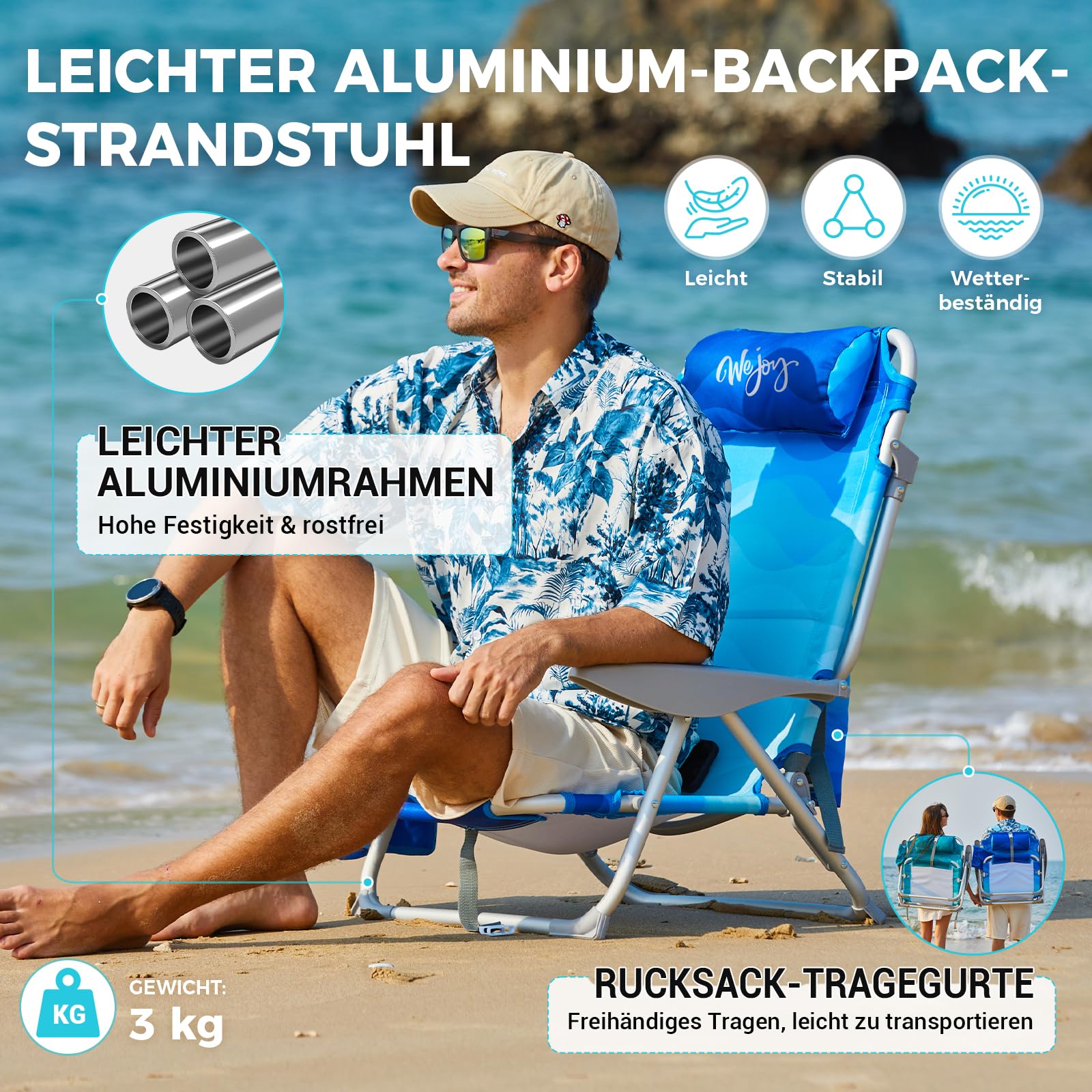 Strandstuhl klappbar Alu Hochlehner Klappstuhl 4 Position Leicht tragbar stabiler Campingstuhl