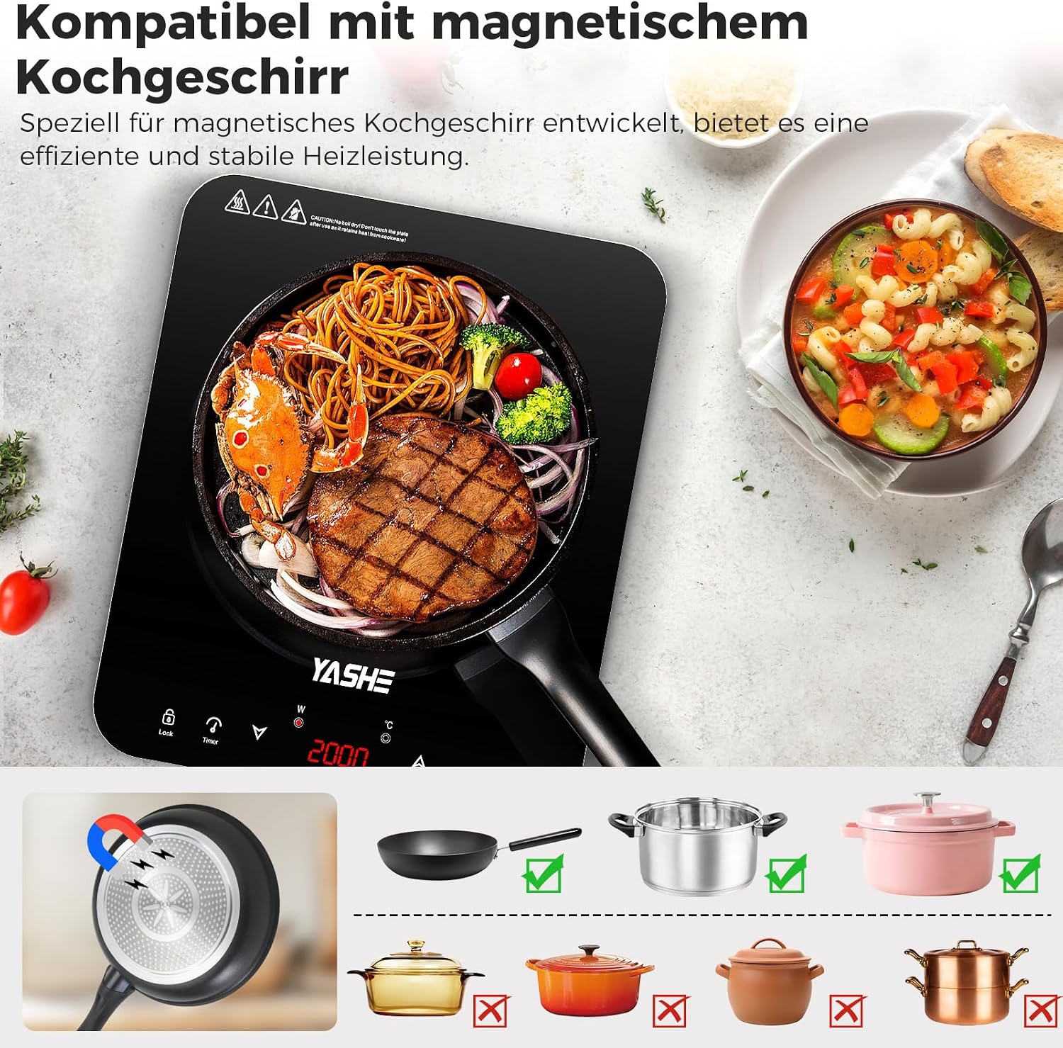 Induktionskochfeld – Einzel Induktionskochplatte, 10-Leistungseinstellung und 10-Temperaturstufen, 2000W Induktionskochfeld 1 Platte, 4-Stunden-Timer, Sicherheitsschloss, Mobil