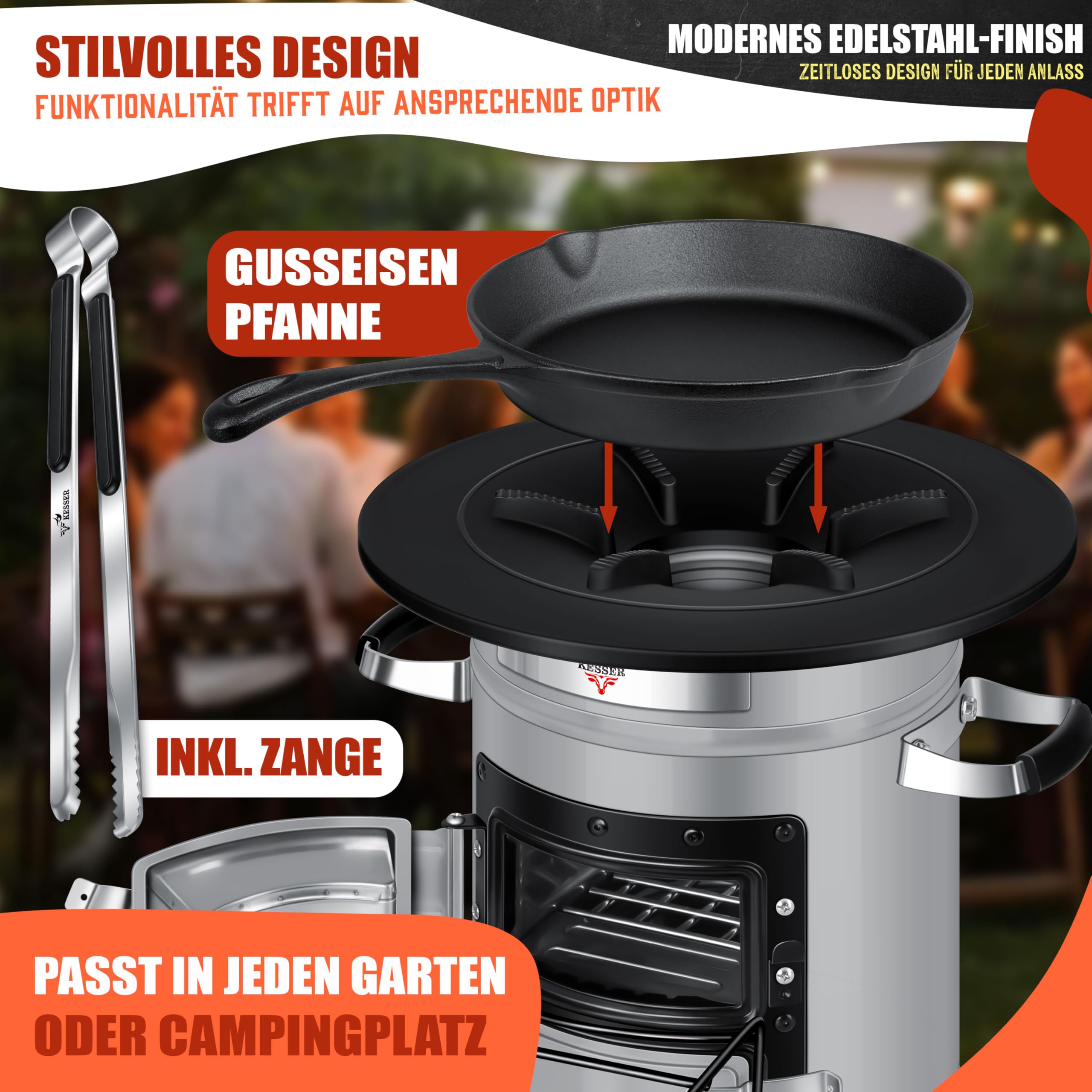 Raketenherd mit Gusseisen-Grillpfanne / Enthält Grillzange & Tragetasche /Camping Grill Edelstahl
