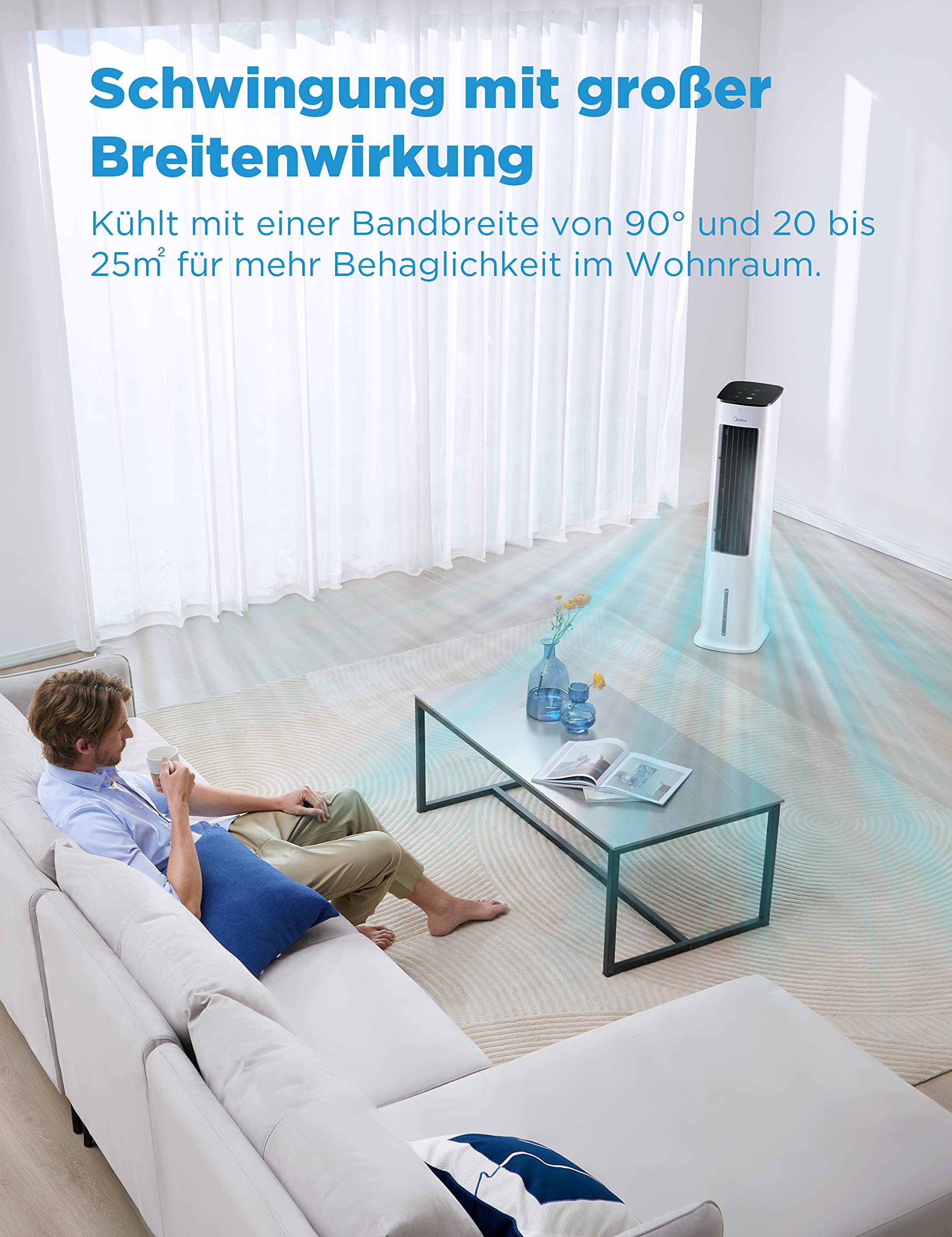 4-in-1 Mobile Klimaanlage Leiser:Luftkühler,Turmgebläse,Luftbefeuchter und Luftreiniger,mit Fernbedienung,5L Wassertank,355m³/h Luftdurchsatz,55W,LED-Display,Timer,Weiß