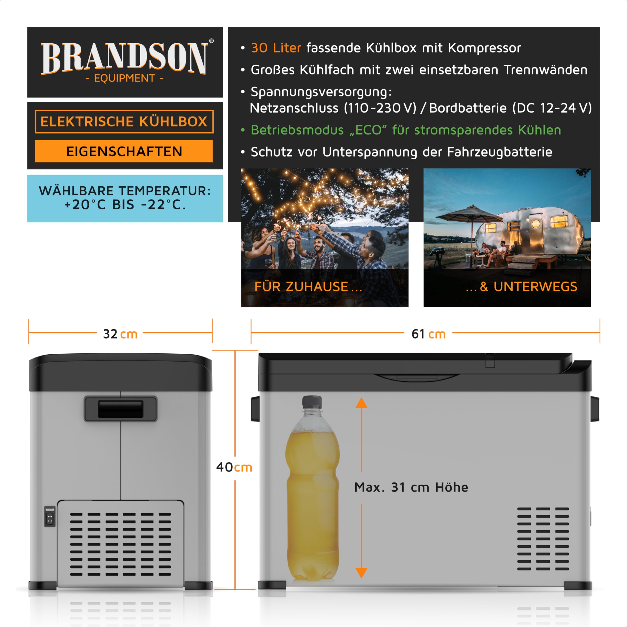 ECO Kompressor Kühlbox XXL elektrisch - 30L Getränke Kühlschrank - Gefrierbox Kühlung bis – 22°C - Autokühlbox mit ECO Modus - 30 Liter 12V 24V KFZ – für LKW Auto Camping Boot – Cool Grey