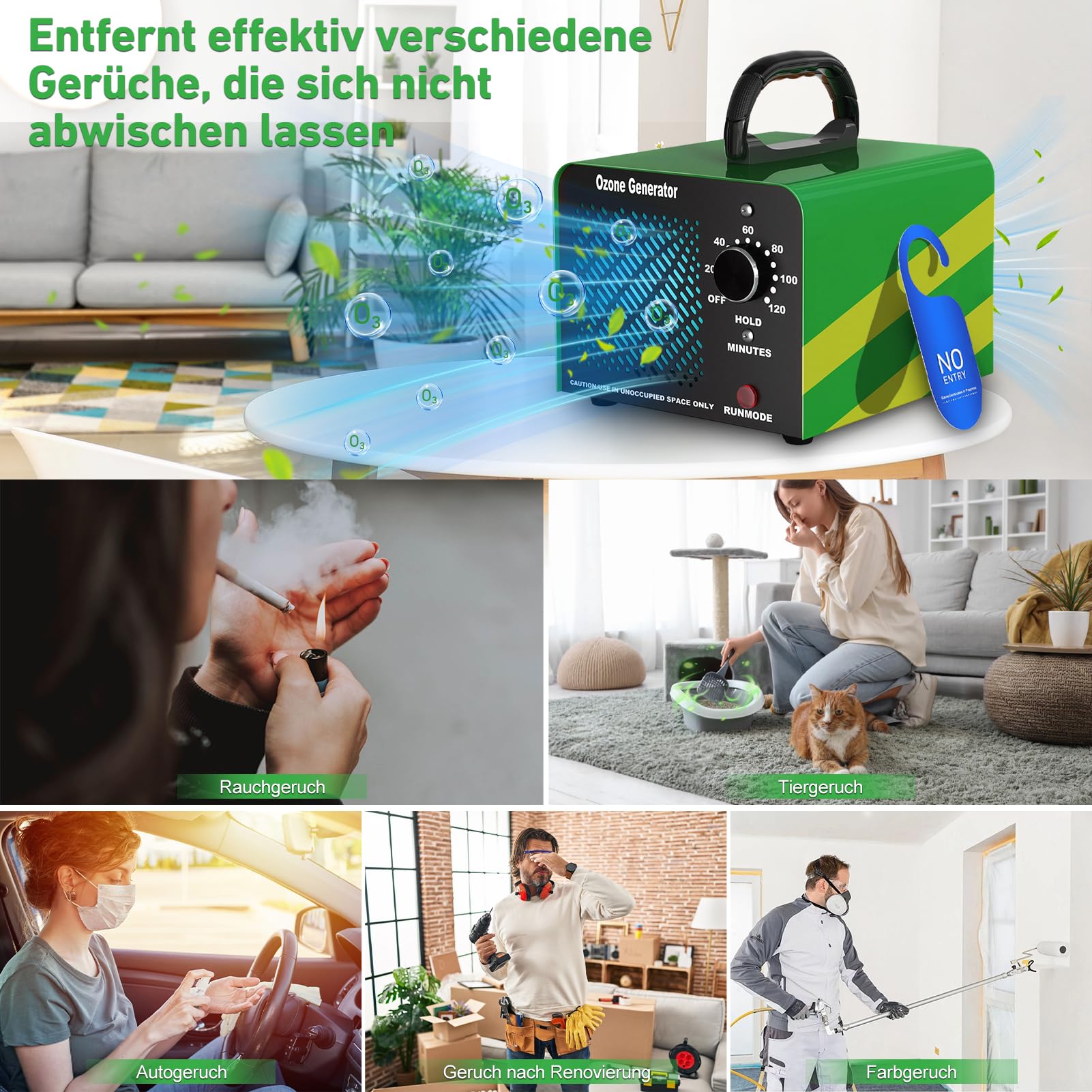 Ozongenerator O3 65000 mg/h, Ozongenerator für Autos, Industrie-Ozon-Geräteheim mit 120-Minuten-Timer, O3-Ozoniser bis 300 m2, Ozongenerator für Garagen, Haustiere, Küche, Handel, Hotels