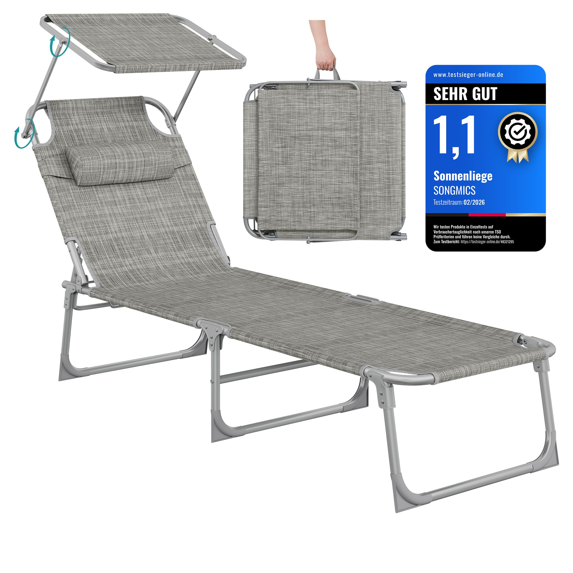 Sonnenliege, klappbarer Liegestuhl, 193 x 53 x 29 cm, trägt bis zu 150 kg, Sonnenschutz, Kopfkissen, verstellbare Rückenlehne, für Garten, Pool, Terrasse