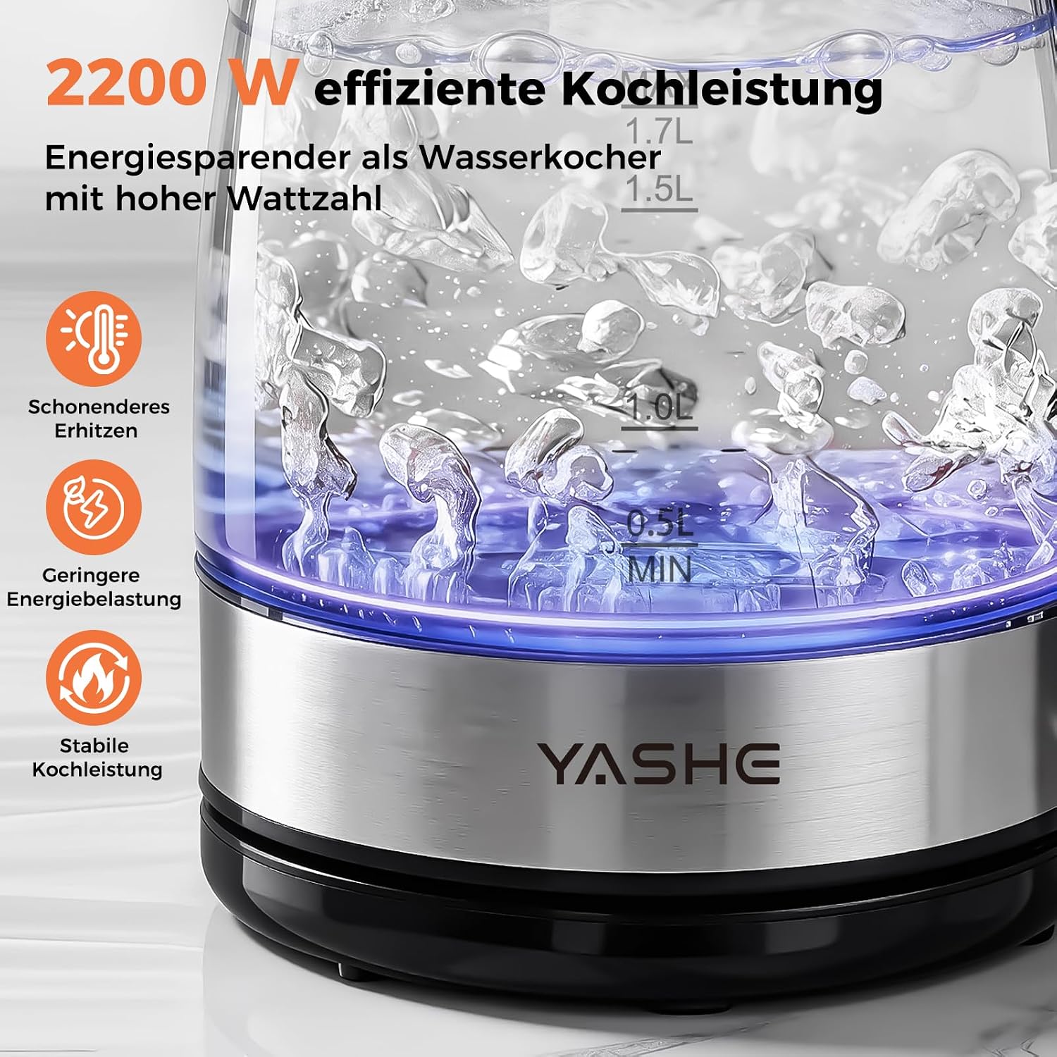 Wasserkocher mit Temperatureinstellung 1,7L 2200W Glas | 5 Temperaturstufen, 5 Farben LED, 30 Min Warmhaltefunktion, Kabellos, Kalkfilter, Abschaltautomatik