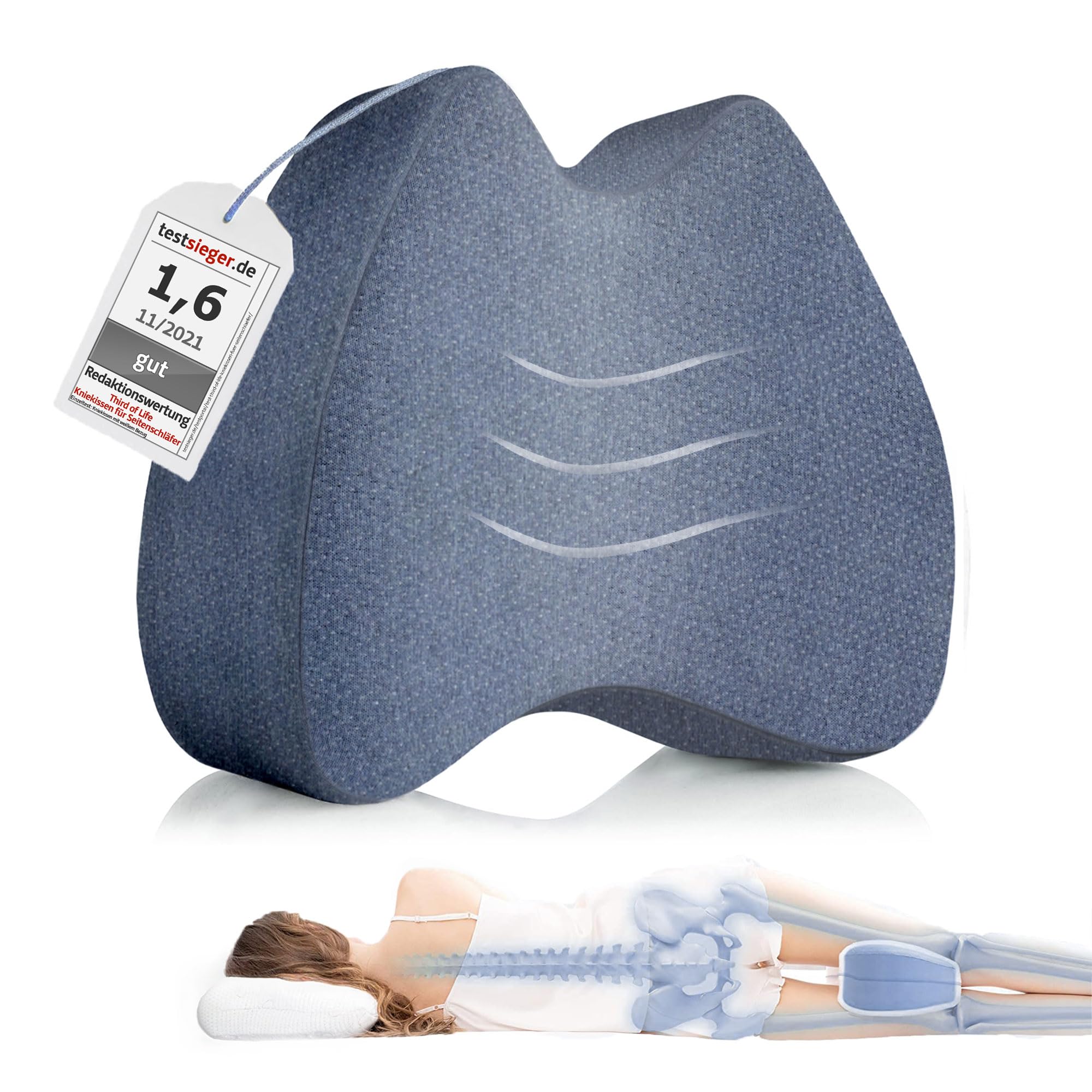 Kniekissen für Seitenschläfer, Orthopädisches Bein-Kissen für eine optimale Schlafhaltung, Ergonomisches Lagerungskissen aus viscoelastischem Memory Schaum, atmungsaktiver & waschbarer Bezug 23,5x9,5