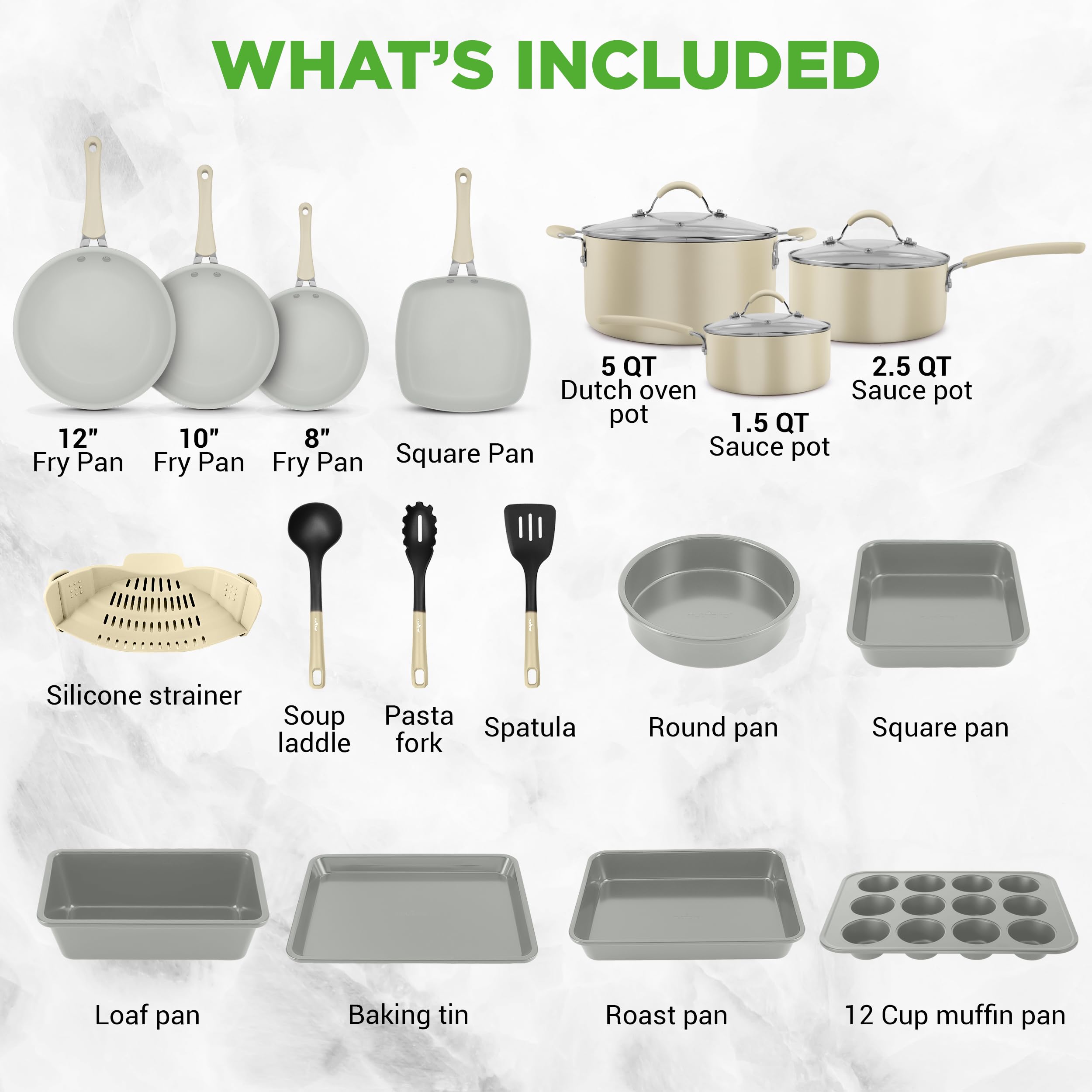 20-teiliges Non-Stick-Saucepan, Pfannen- und Backformset - Kochset PFOA/PFOS frei für Gas, Strom, Keramik und Induktion - Enthält Pfannen, Töpfe, Backdosen, Laibdose, Muffinform