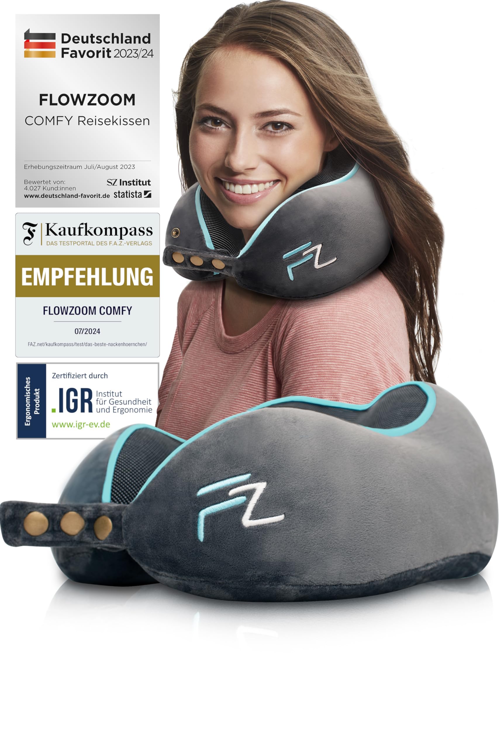 Bequemer Neck Cushion Flugzeug & Auto Reisekissen Memory Foam mit schlankem Rücken und waschbarer Abdeckung (Velvet Soft & Breathable) - Neck Cushion Adults Grey