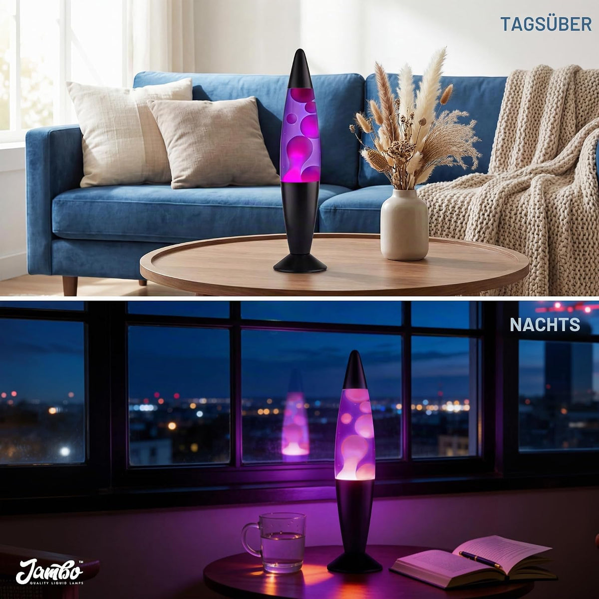 Jambo Liquid-Motion-Lampe mit schwarzem Sockel (Black Base, Purple Liquid, White Wax, 16")