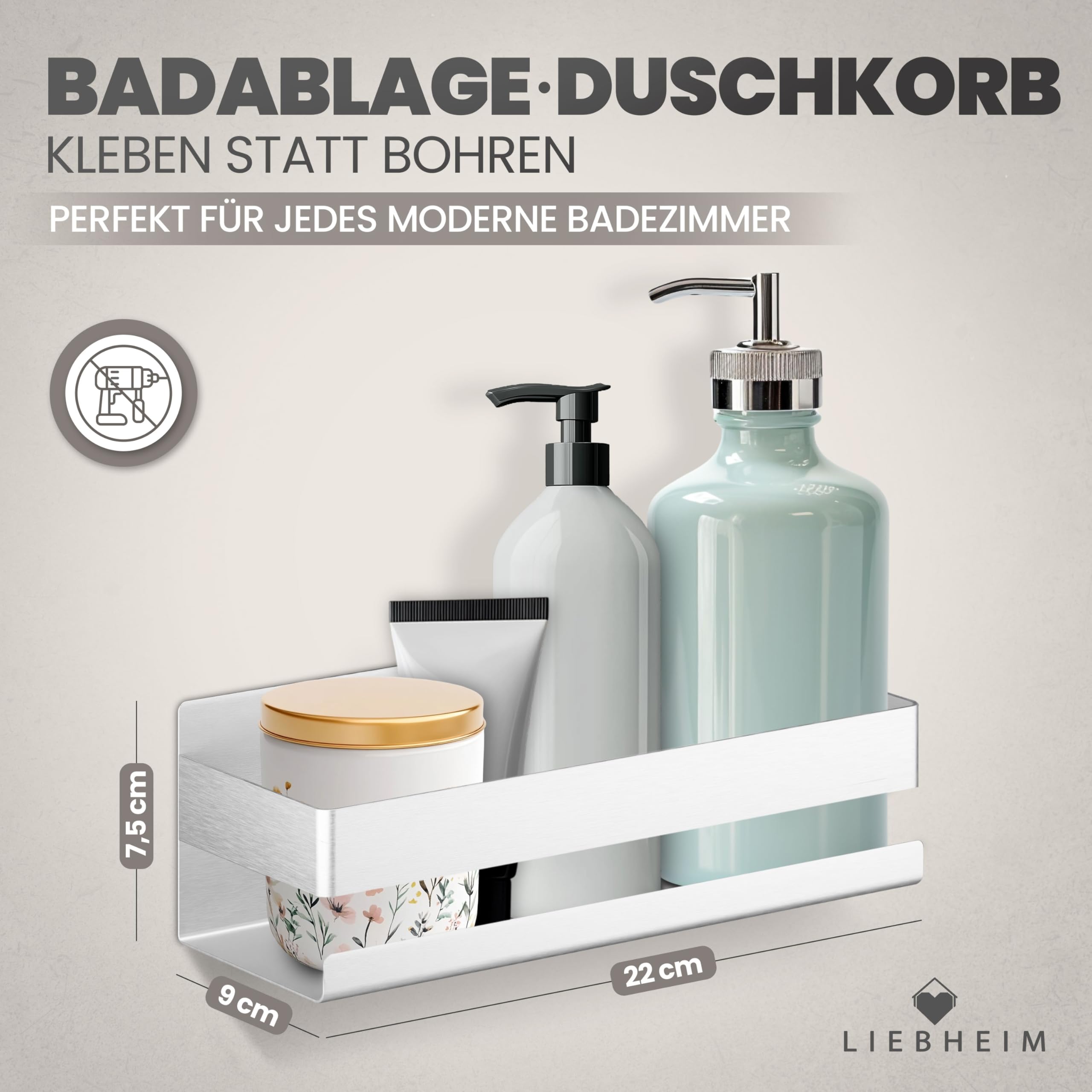 Duschablage Ohne Bohren - Badregal - Duschkorb - Bad Organizer | Massiv - silber gebürstet - 22 cm x 9 cm - 2 Klebevarianten für Nass- und Trockenbereich