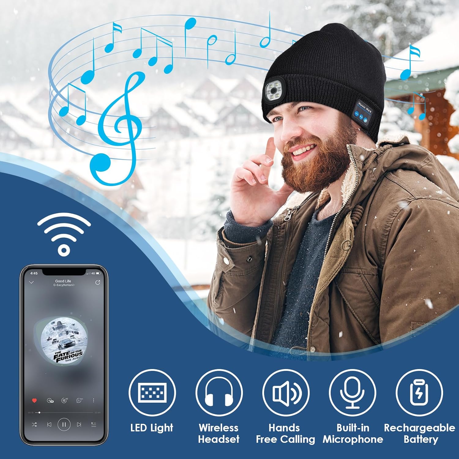 Cadeaux pour hommes, cadeaux d'anniversaire pour hommes, cadeaux pour papa, cadeaux pour hommes, petits cadeaux pour calendrier de l'Avent, hommes, gadgets pour hommes, bonnet Bluetooth avec lumière LED