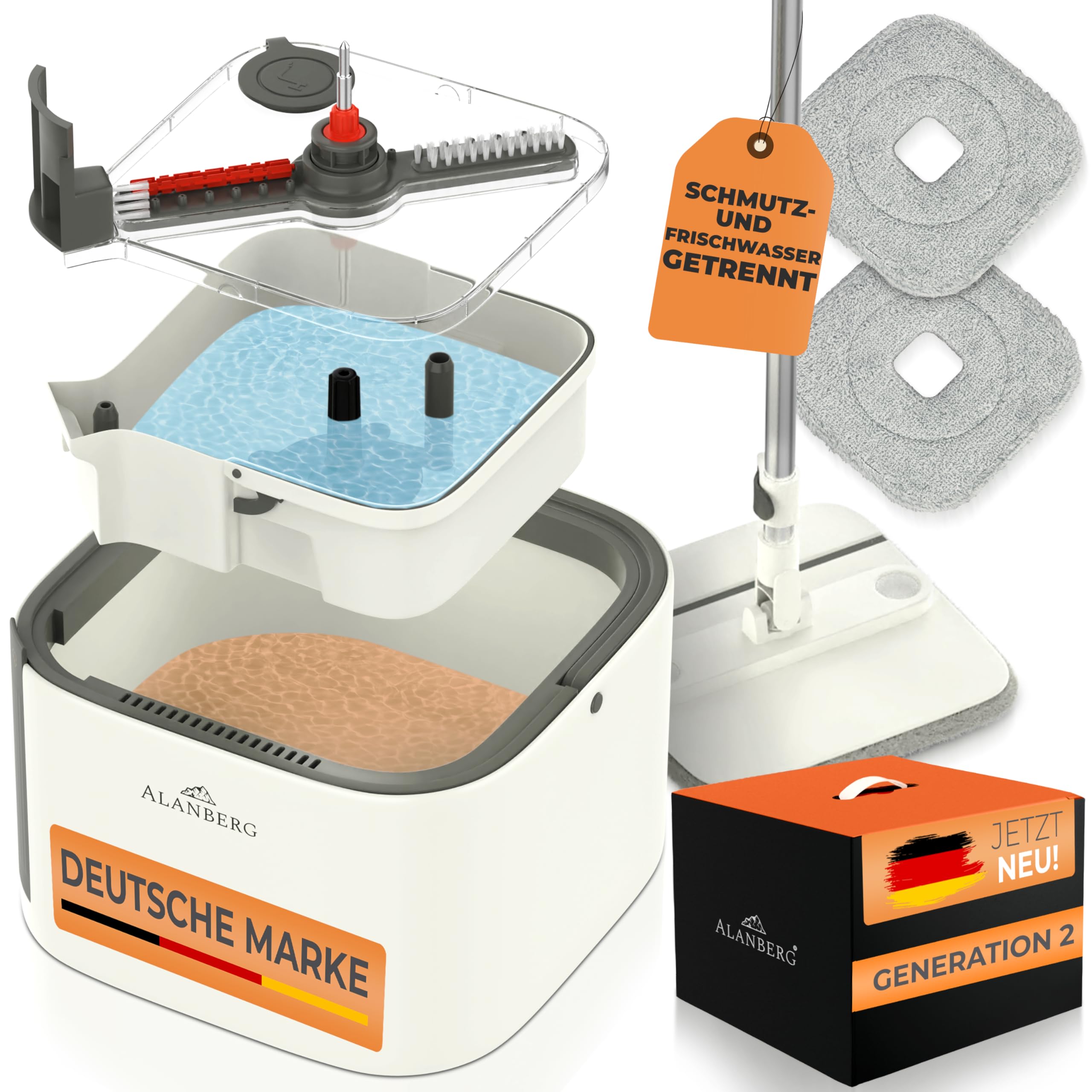 Wischmopp Set mit Eimer, 2-Kammer-System Frisch-/Schmutzwasser Trennung, selbst-auswringend, 160 cm Stiel & 2 Mikrofaser-Pads, für alle Böden, Grau