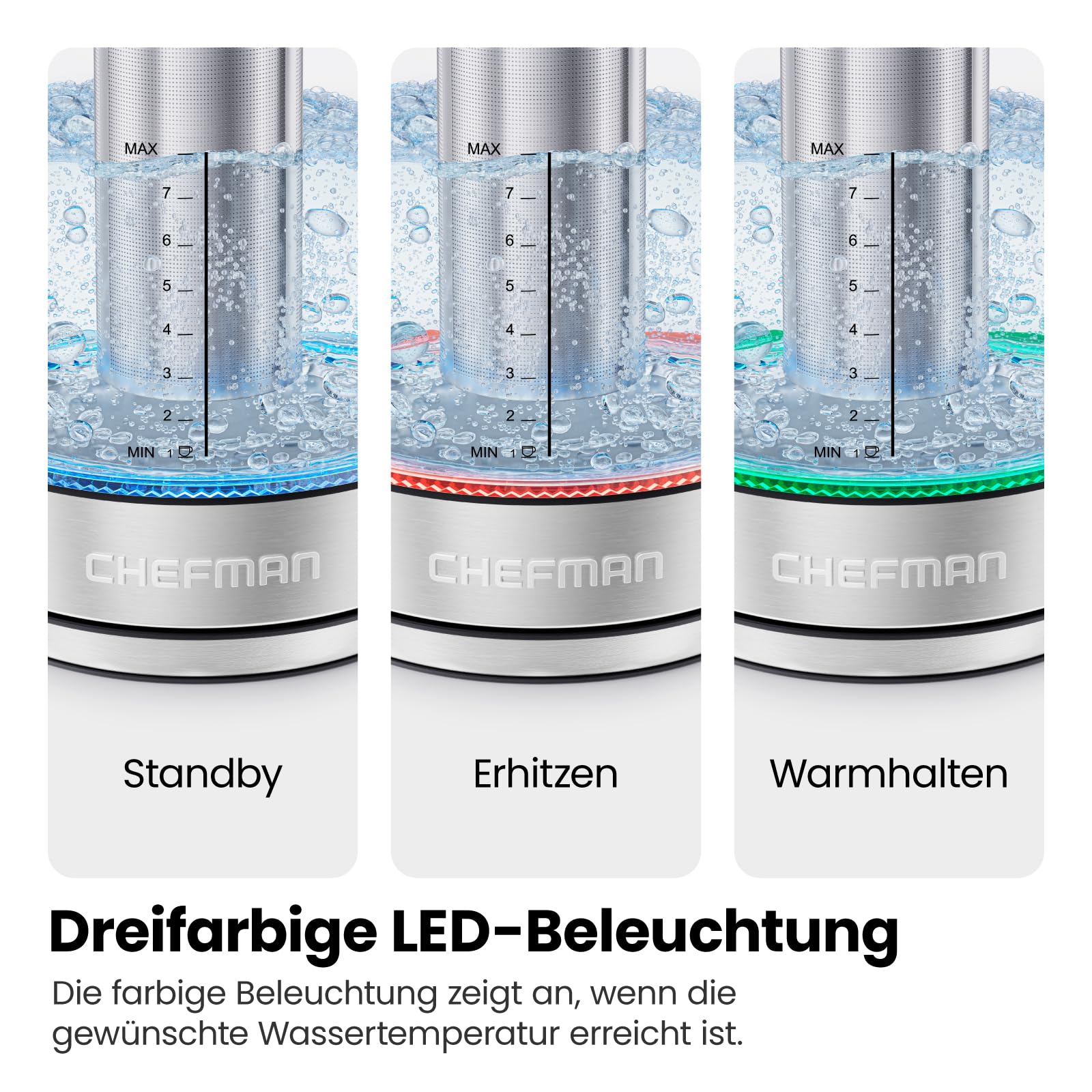Elektrischer Wasserkocher Glas mit Teesieb, 1.8 Liter, LED-Anzeige / BPA-Frei, 2200 Watt, Edelstahl