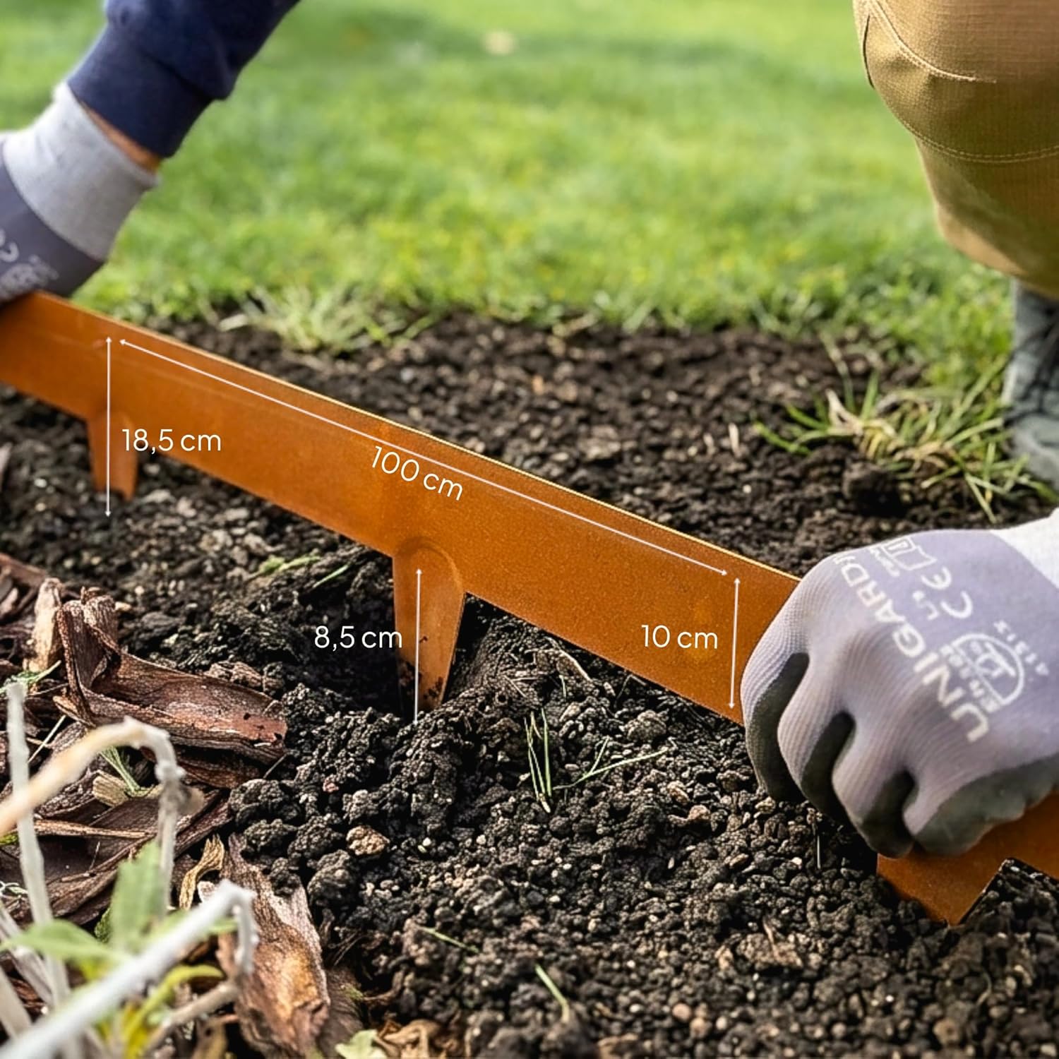 Flexible Rasenkante aus Metall - Garten Metall Beeteinfassung - Beetbegrenzung Einfach einschlagen, 1 Paar Montagehandschuhe inklusive